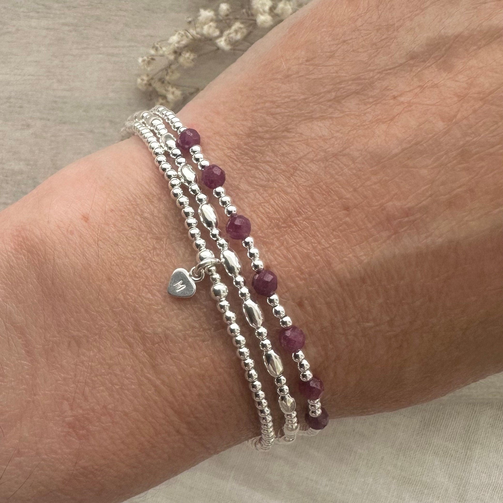 Personalised July Birthstone Ruby Bracelet Set, Dainty Sterling Silver Stacking Bracelets for Women