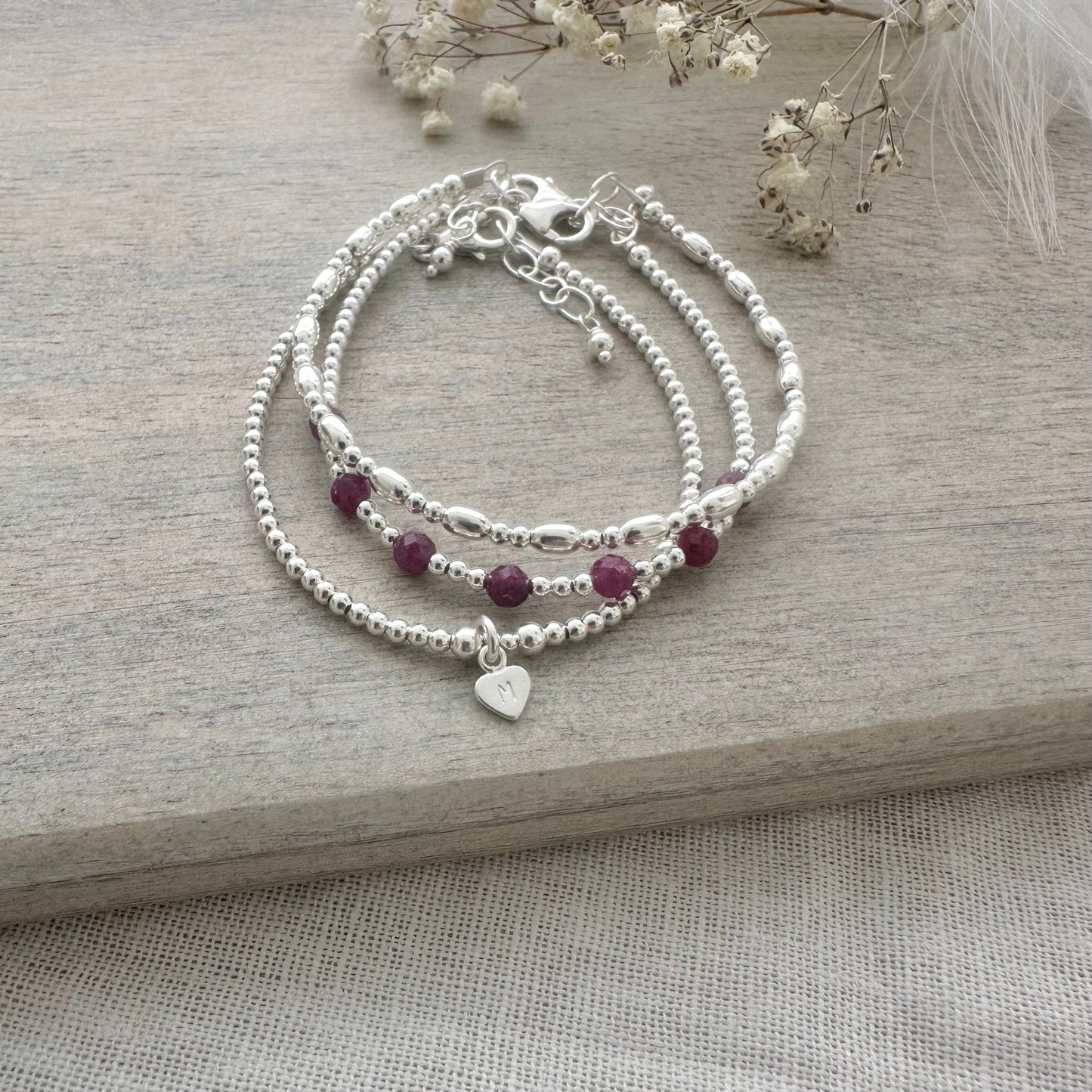 Personalised July Birthstone Ruby Bracelet Set, Dainty Sterling Silver Stacking Bracelets for Women