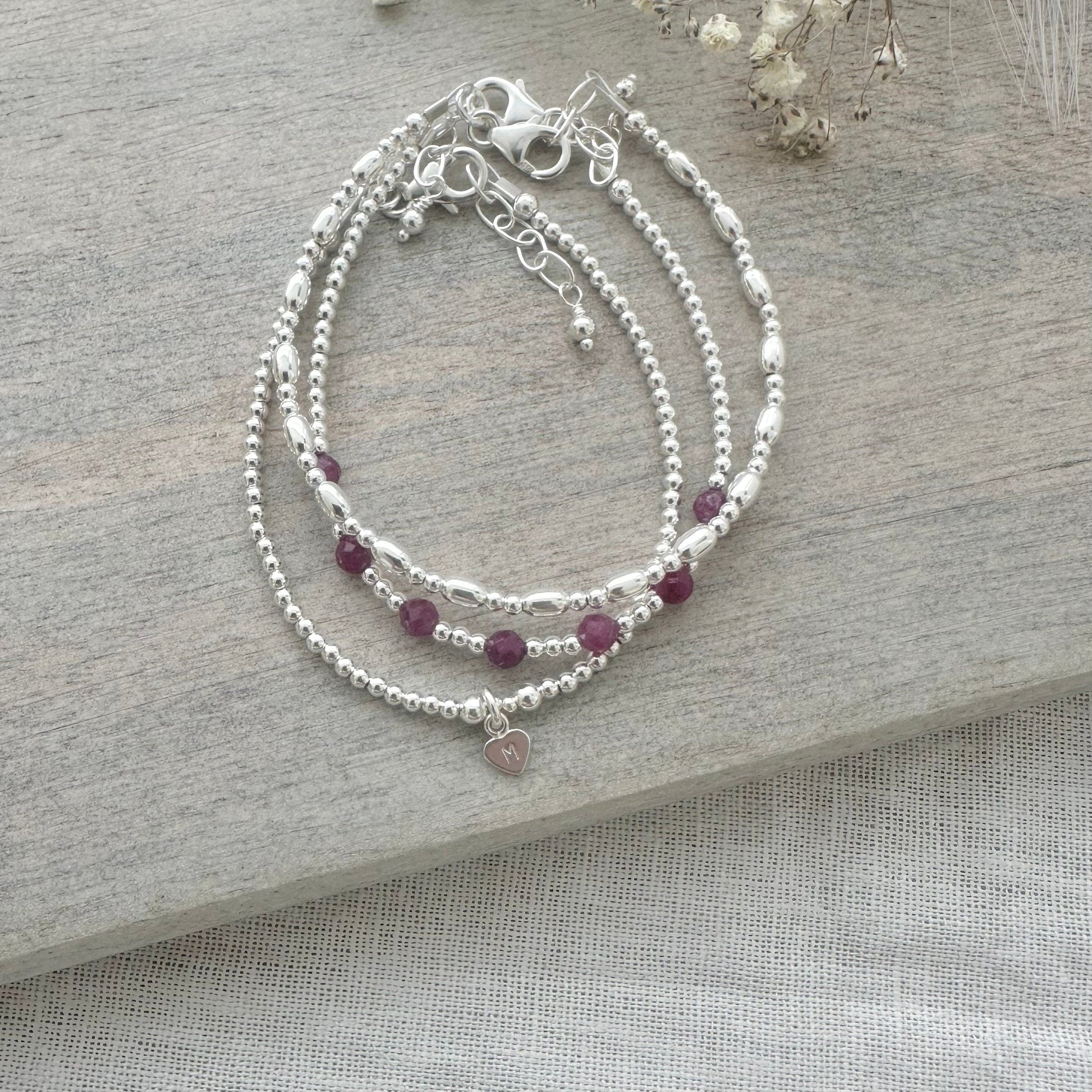 Personalised July Birthstone Ruby Bracelet Set, Dainty Sterling Silver Stacking Bracelets for Women