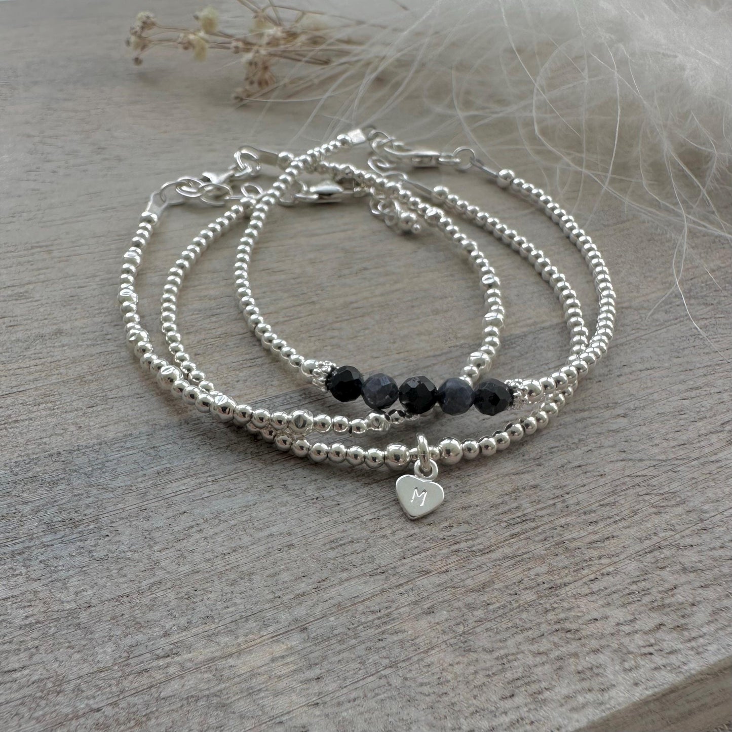 Personalised September Birthstone Sapphire Bracelet Set, Dainty Sterling Silver Stacking Bracelets for Women