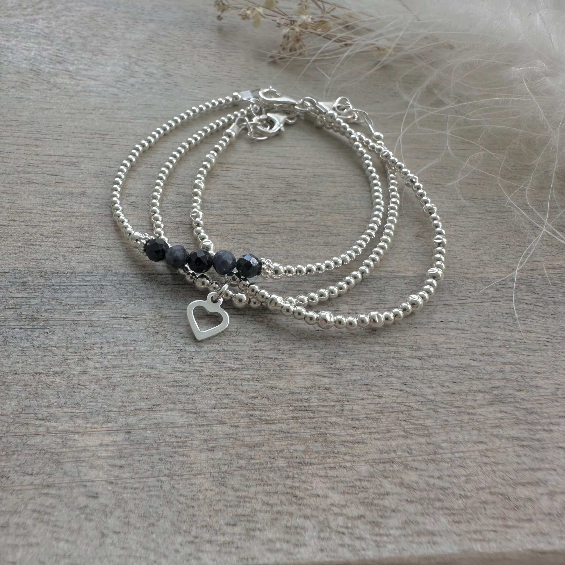 A Dainty September Birthstone Sapphire Bracelet Set, September Stacking Bracelets for Women in Sterling Silver