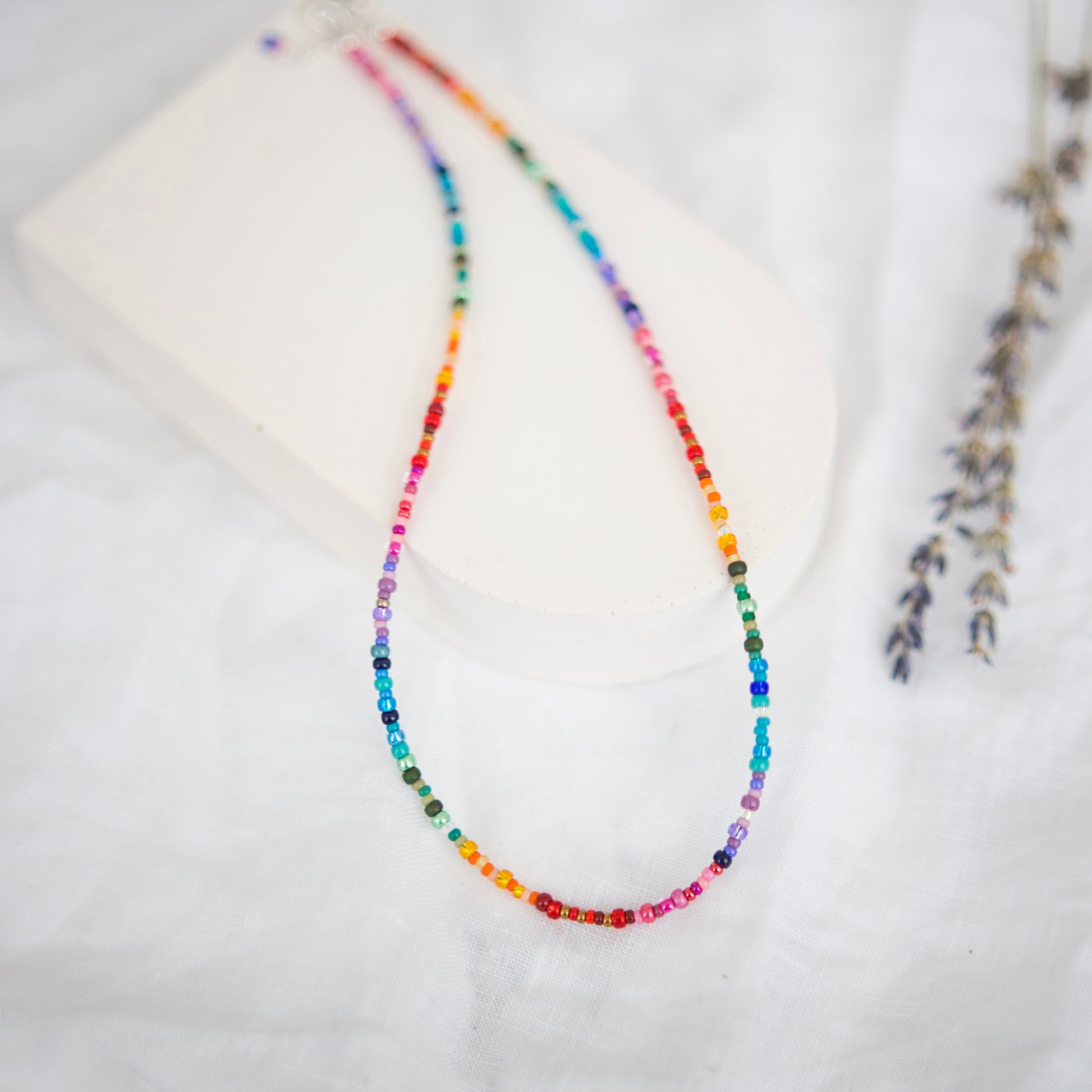 Colourful thin rainbow necklace with seed beads ombre rainbow