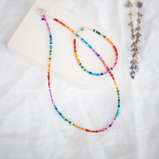 Thin Rainbow Beaded Bracelet necklace set with seed beads rainbow colours
