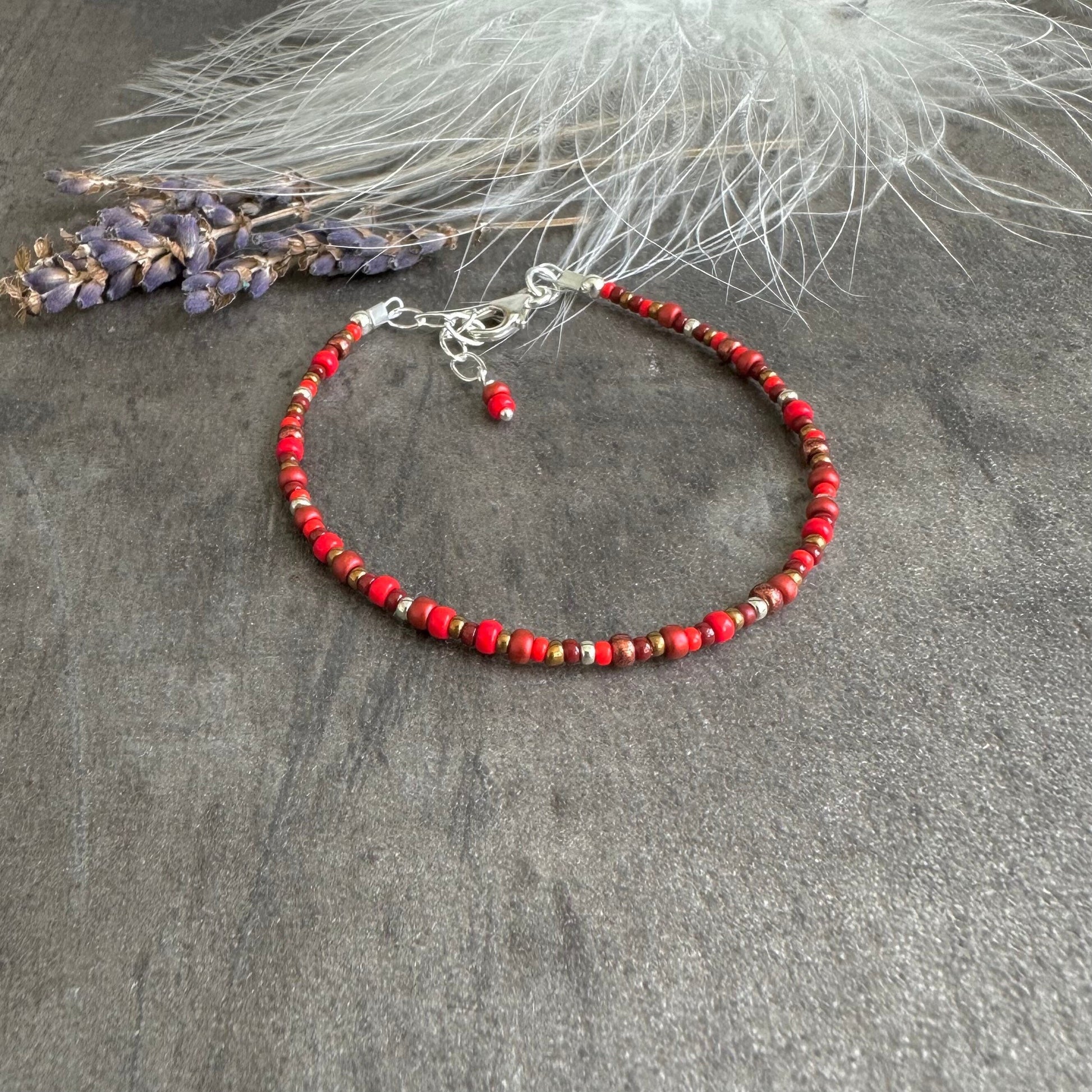 Thin Red Bracelet with seed beads Shades of Red