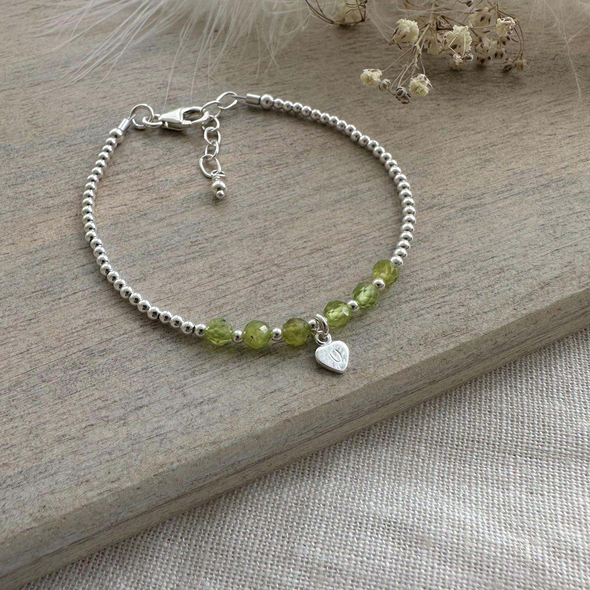 Personalised Peridot Bracelet, , Dainty August Birthstone Jewellery in Sterling Silver