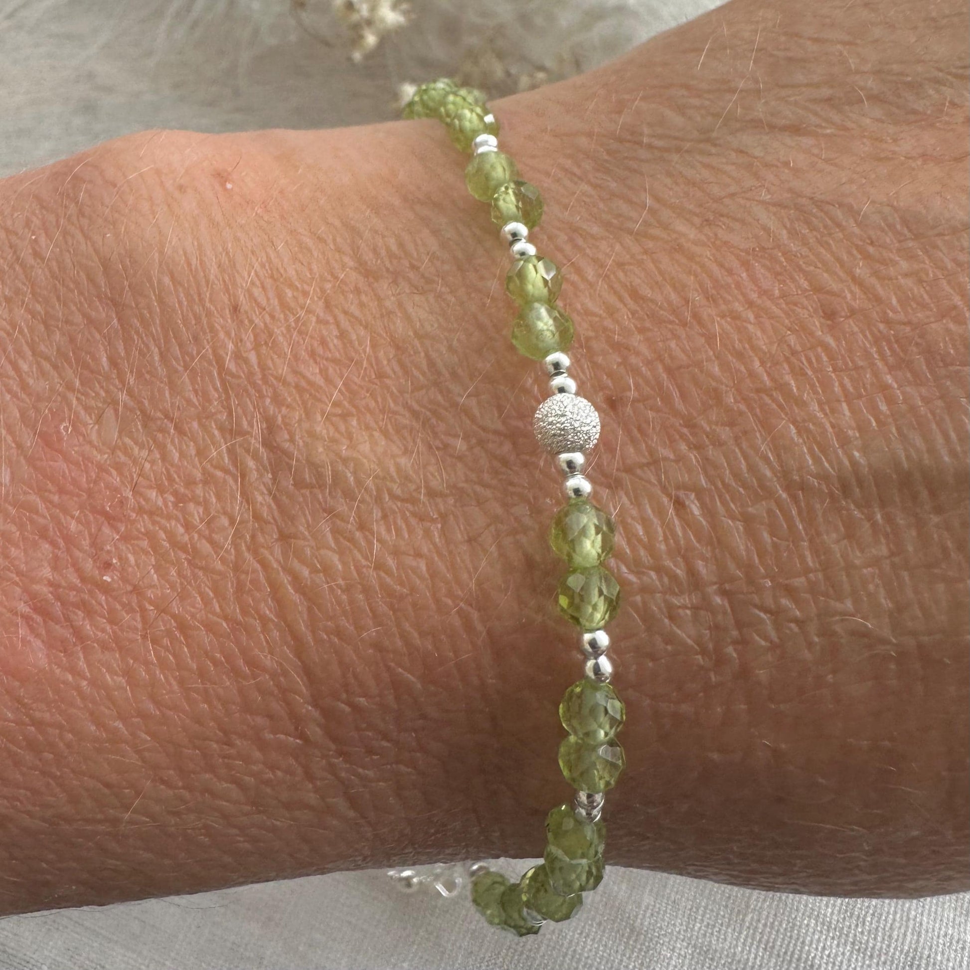 August Birthstone Bracelet, Dainty Peridot Bracelet in Sterling Silver