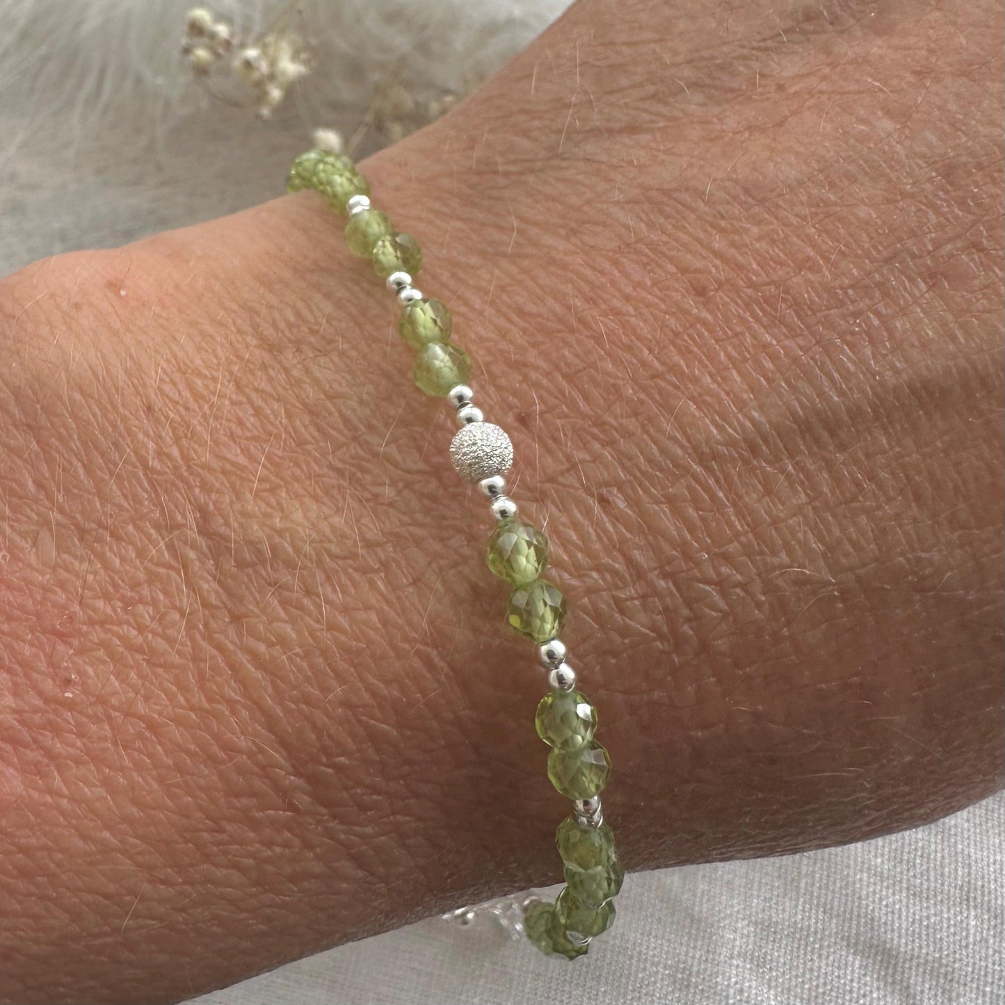 August Birthstone Bracelet, Dainty Peridot Bracelet in Sterling Silver