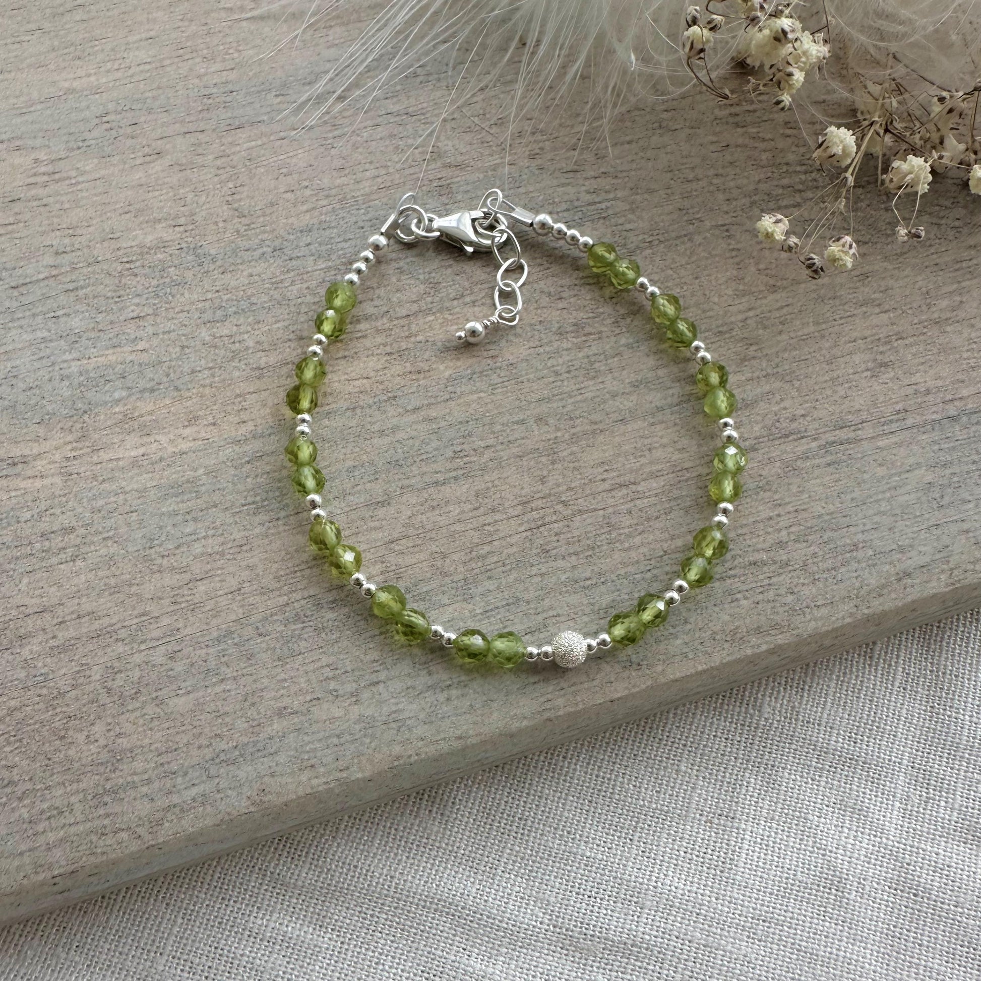 August Birthstone Bracelet, Dainty Peridot Bracelet in Sterling Silver