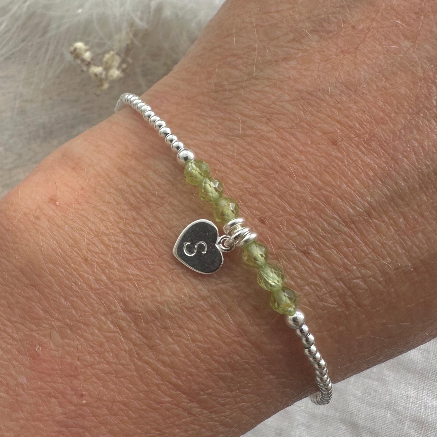 Personalised August Birthstone Bracelet, Dainty Peridot Bracelet in Sterling Silver