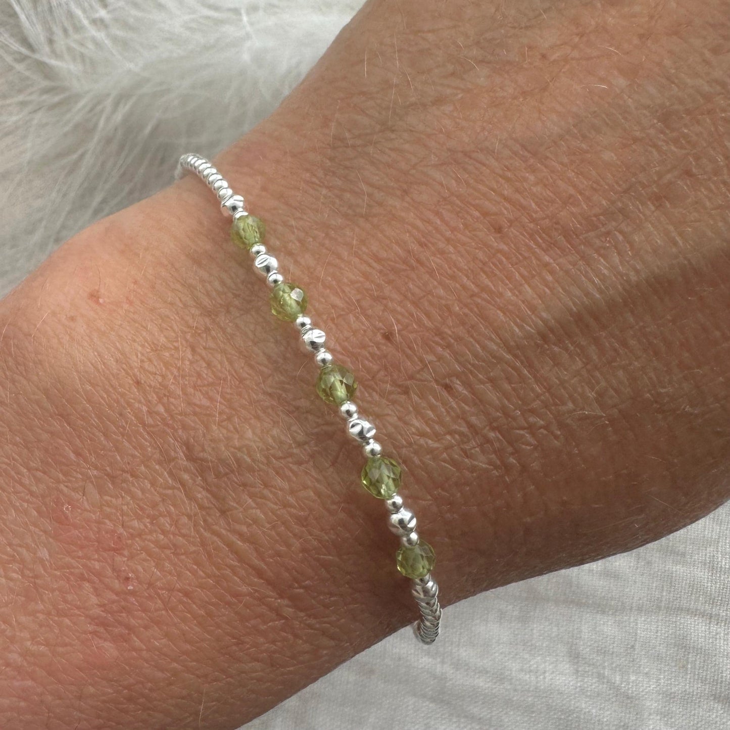 Peridot August Birthstone Bracelet, dainty stacking bracelet in sterling silver