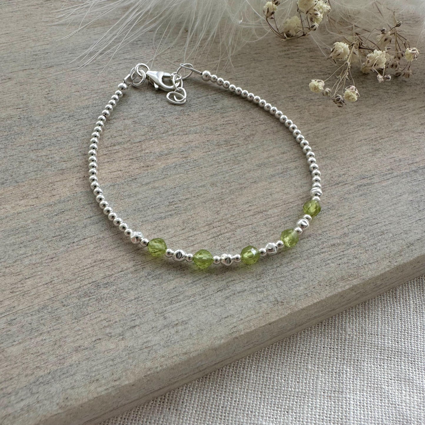 Peridot August Birthstone Bracelet, dainty stacking bracelet in sterling silver