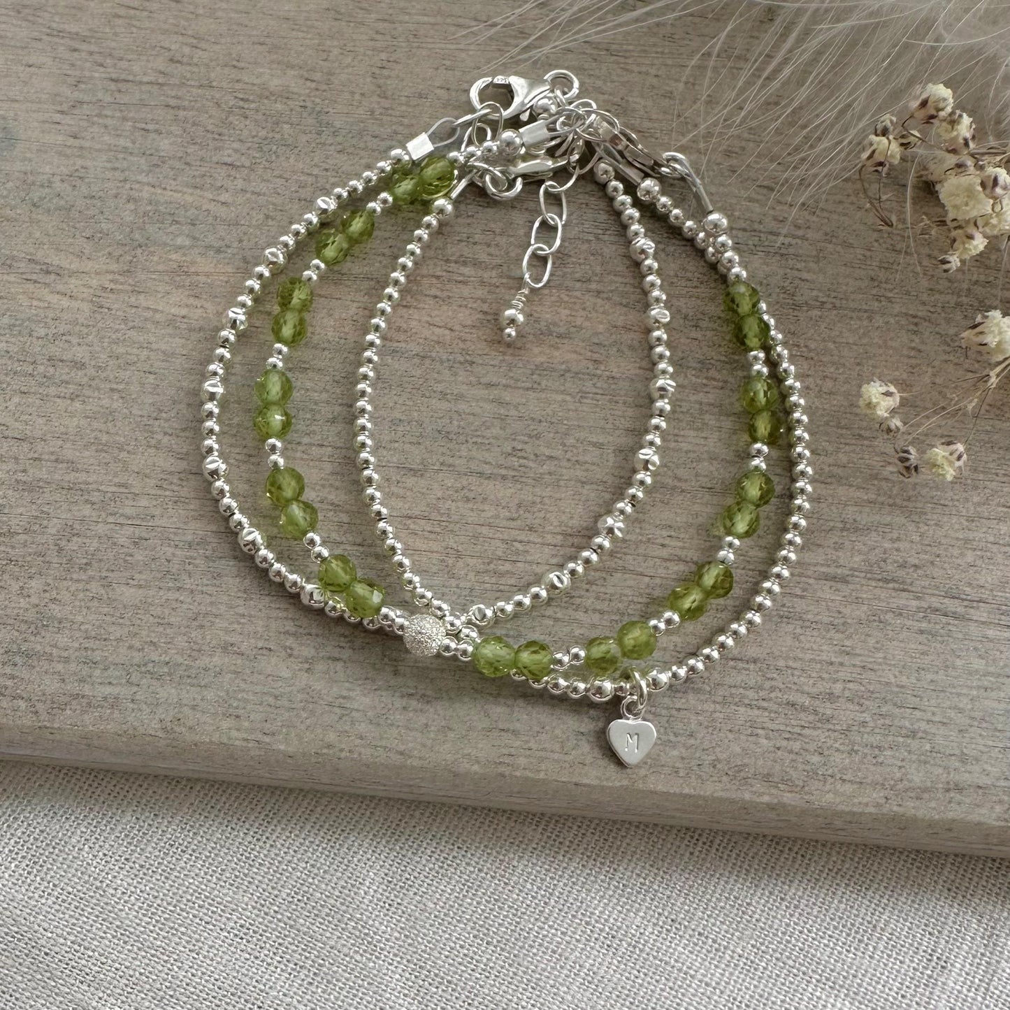 Personalised August Birthstone Peridot Bracelet Set, August Birthday Gift for Women