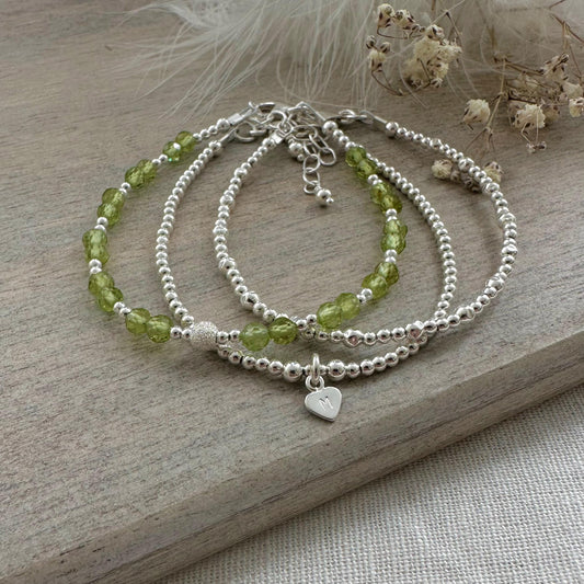 Personalised August Birthstone Peridot Bracelet Set, August Birthday Gift for Women