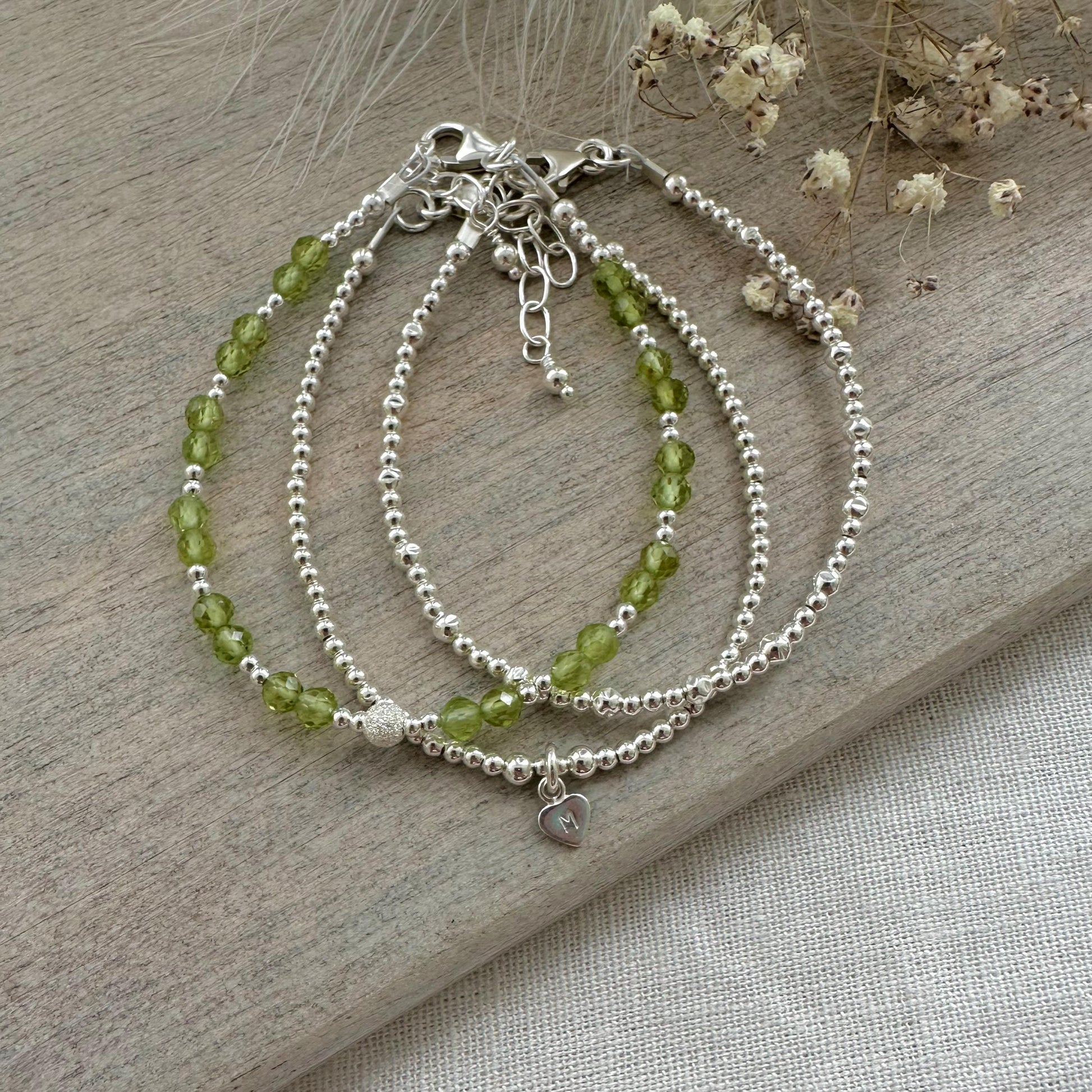 Personalised August Birthstone Peridot Bracelet Set, August Birthday Gift for Women