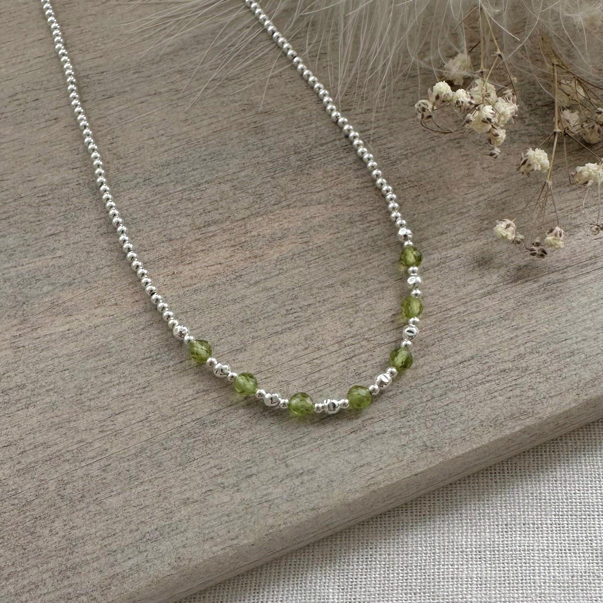 Thin Green Peridot and Sterling Silver Bead Necklace, August Birthstone