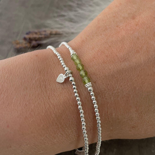 Personalised Peridot Bracelet Set, August Birthstone Jewellery, Initial Bracelets