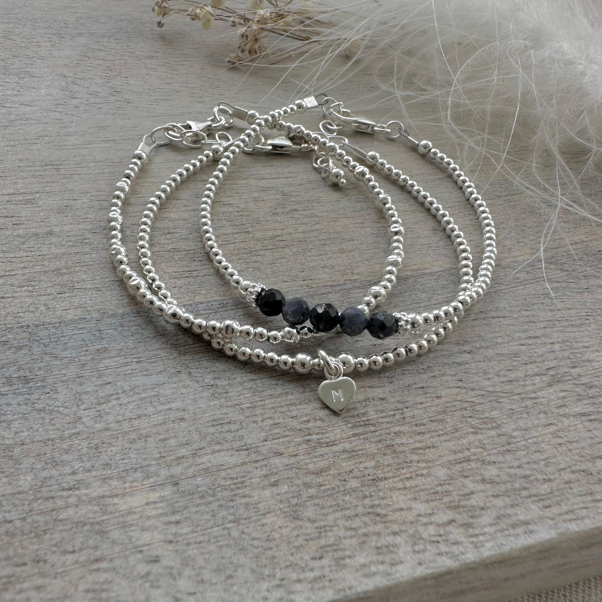 Personalised September Birthstone Sapphire Bracelet Set, Dainty Sterling Silver Stacking Bracelets for Women