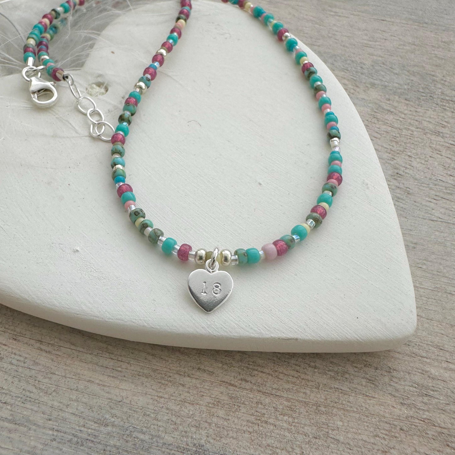 Glass Beaded Necklace with Age Charm 16th 18th 21st 30th 40th 50th 60th Milestone Birthday Jewellery