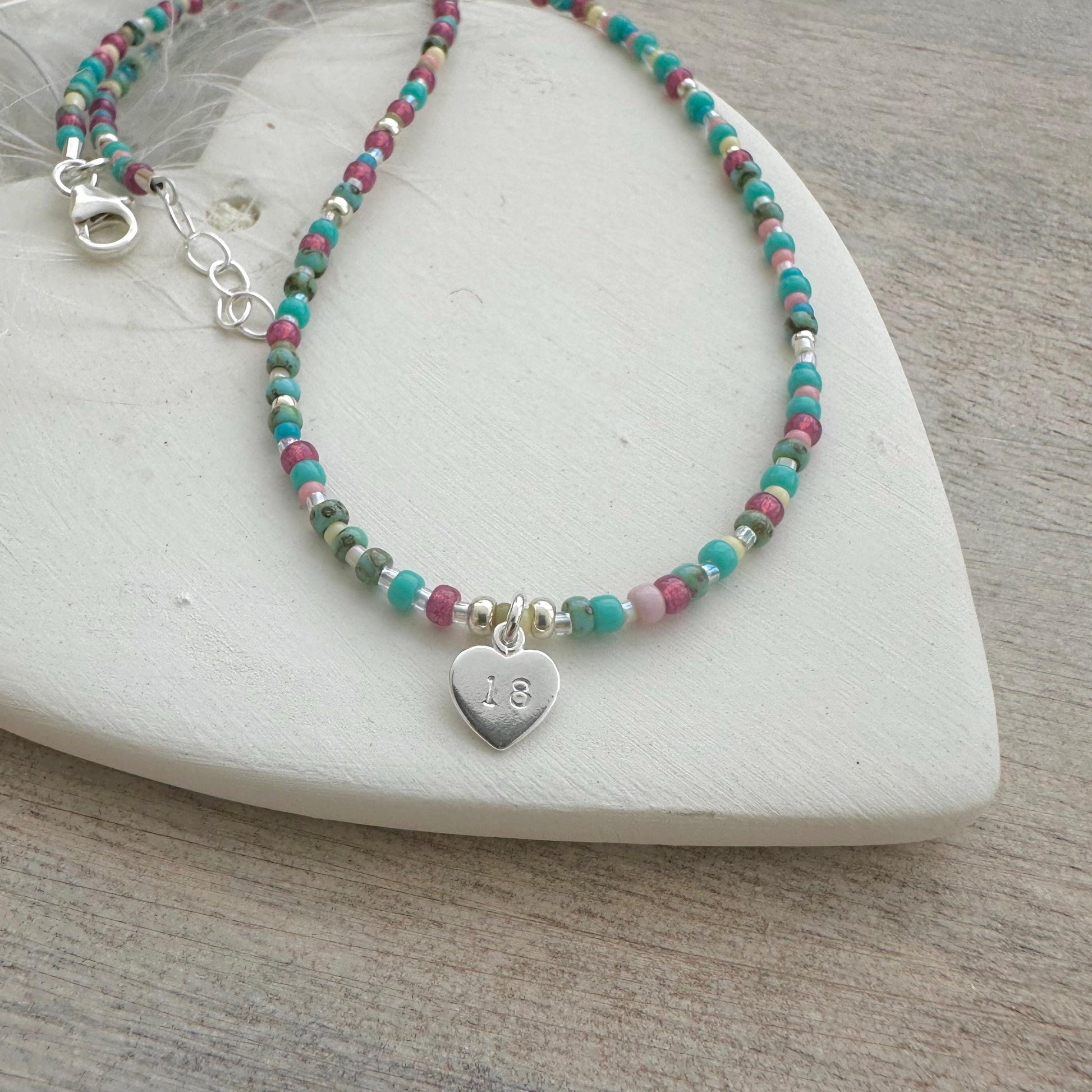 Glass Beaded Necklace with Age Charm 16th 18th 21st 30th 40th 50th 60th Milestone Birthday Jewellery