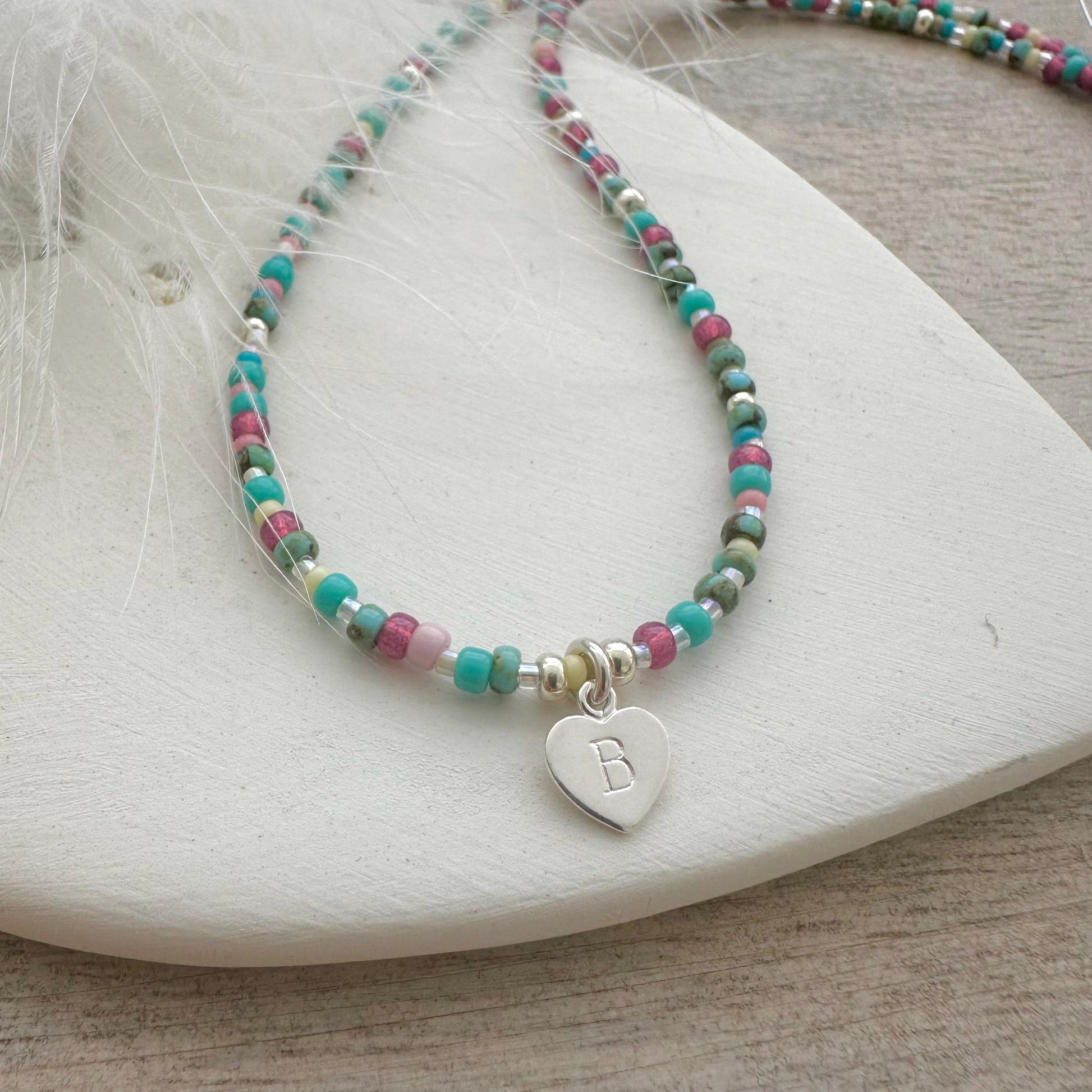 Initial Glass Beaded Necklace with Letter Charm, Personalised Jewellery for Ladies