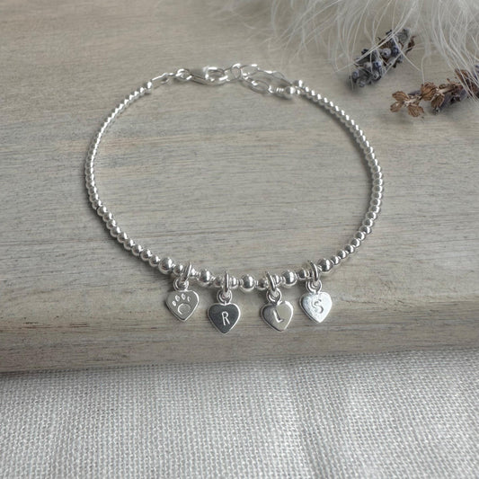 Pet Initials Personalised Initial Bracelet, Paw Cat Dog lovers gift Dainty Sterling Silver Jewellery