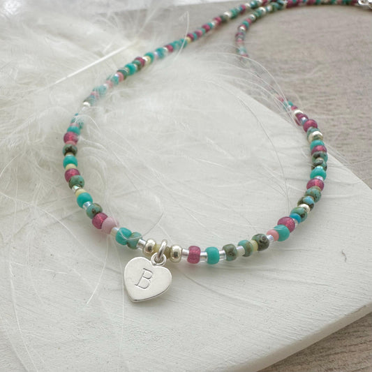 Initial Glass Beaded Necklace with Letter Charm, Personalised Jewellery for Ladies