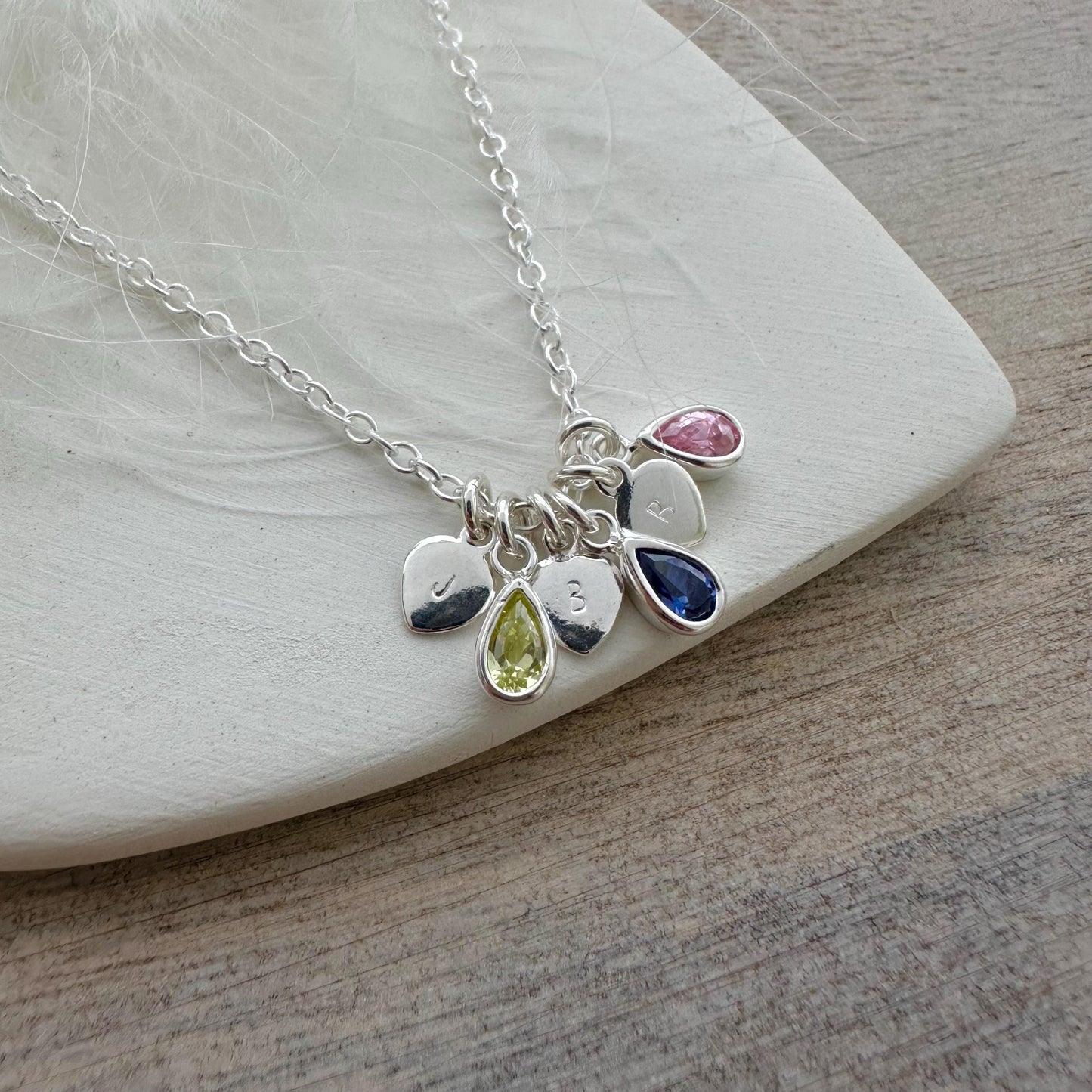 Dainty Personalised Cubic Zirconia Birthstone Charm Necklace with Initials, Sentimental Gift for Mum, Family Birthstone Jewellery