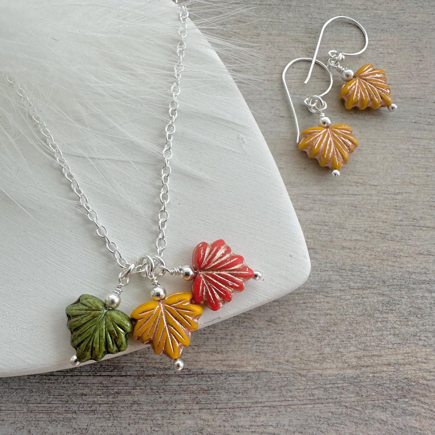 Autumn Leaf earrings, Ochre yellow orange or green glass maple leaf jewellery in sterling silver