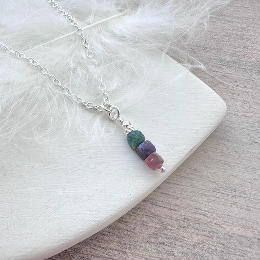 Dainty Tourmaline cube chain necklace, October birthstone jewellery sterling silver