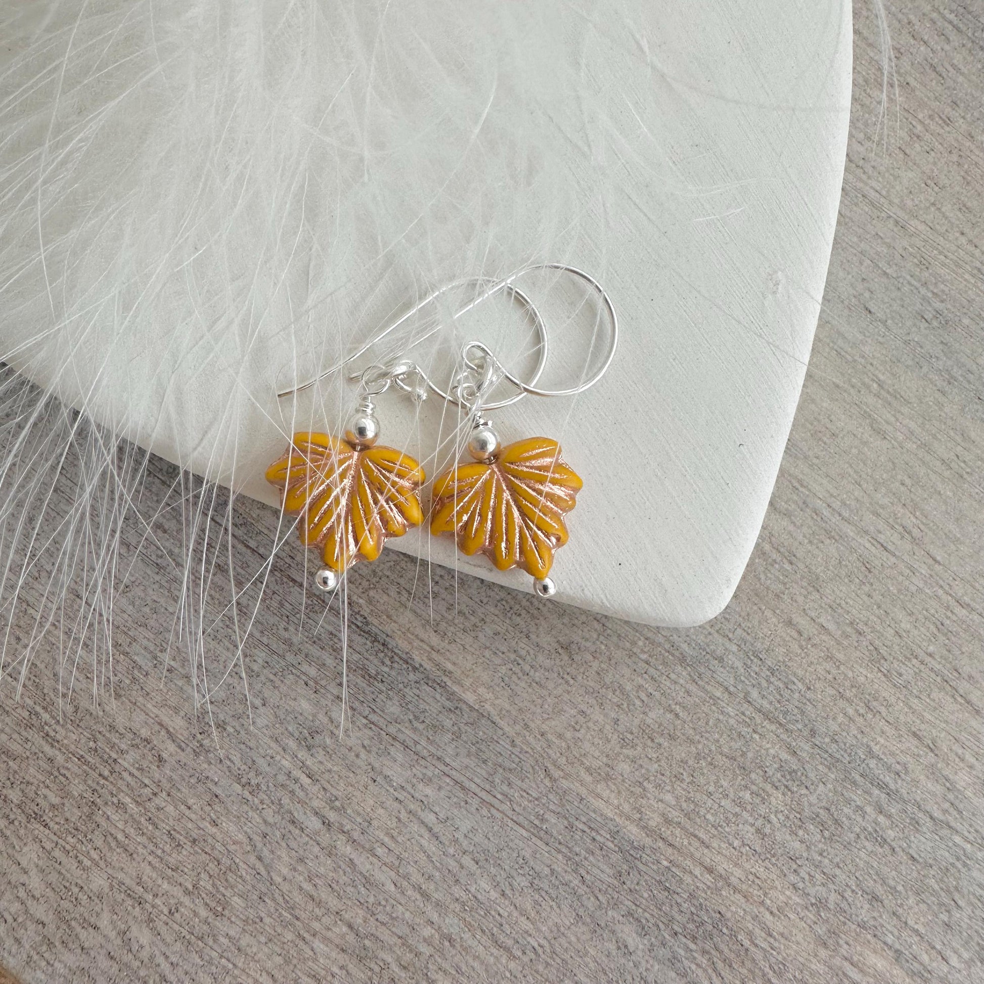 Autumn Leaf earrings, Ochre yellow orange or green glass maple leaf jewellery in sterling silver