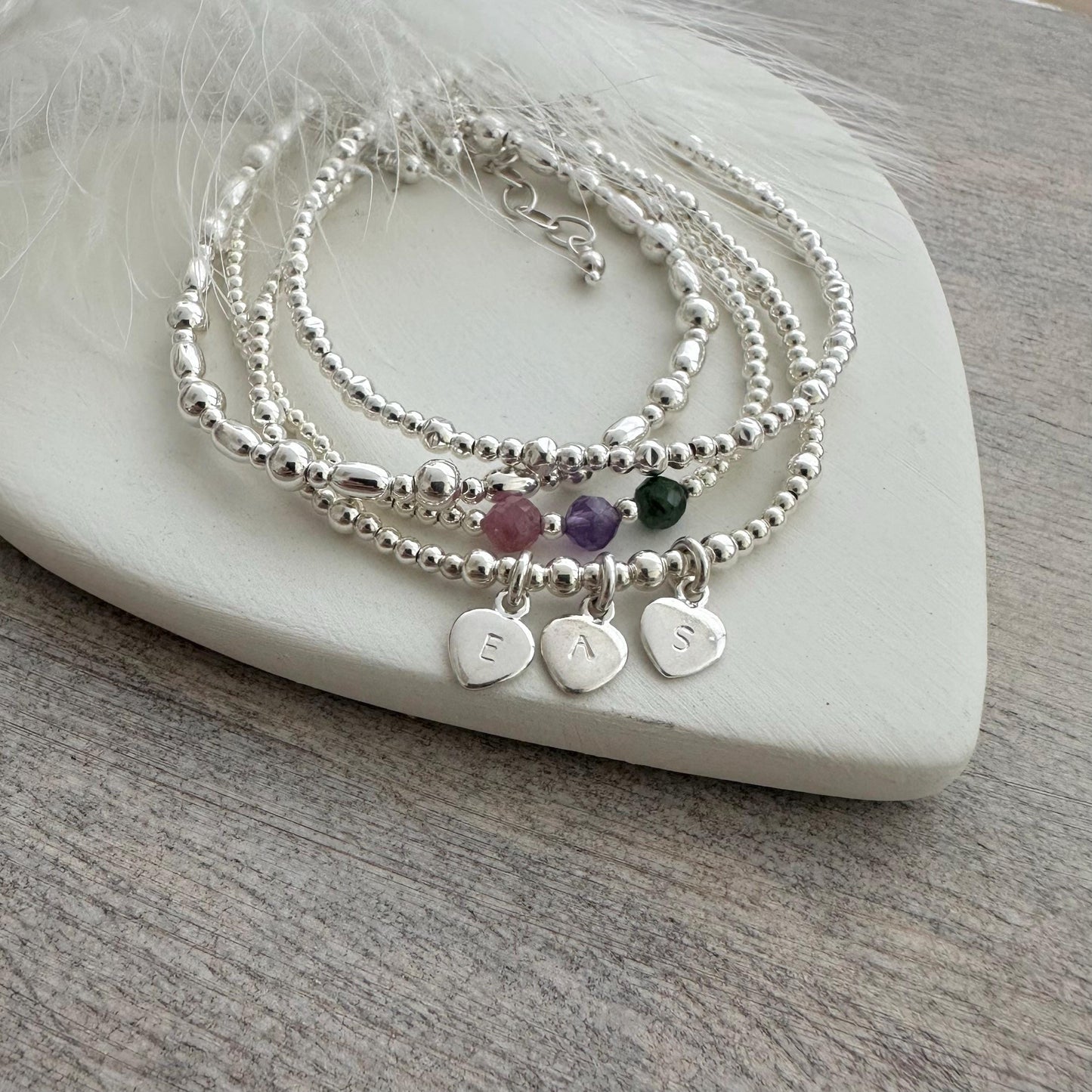 Family Birthstones & Initials Stacking Bracelets Set of 4, Family Jewellery for Mum Christmas Gifts and Mothers Day