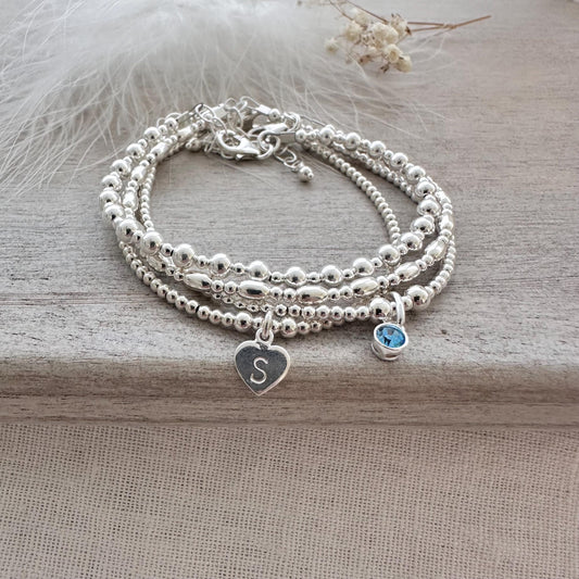 Layering Bracelet Set in sterling silver, Personalised birthstone initial jewellery