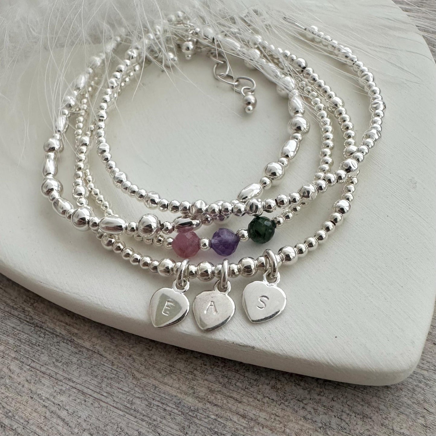 Family Birthstones & Initials Stacking Bracelets Set of 4, Family Jewellery for Mum Christmas Gifts and Mothers Day