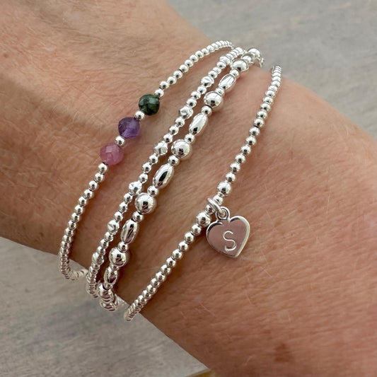 Set of Family Birthstone Stacking Bracelets, Initial Bracelet