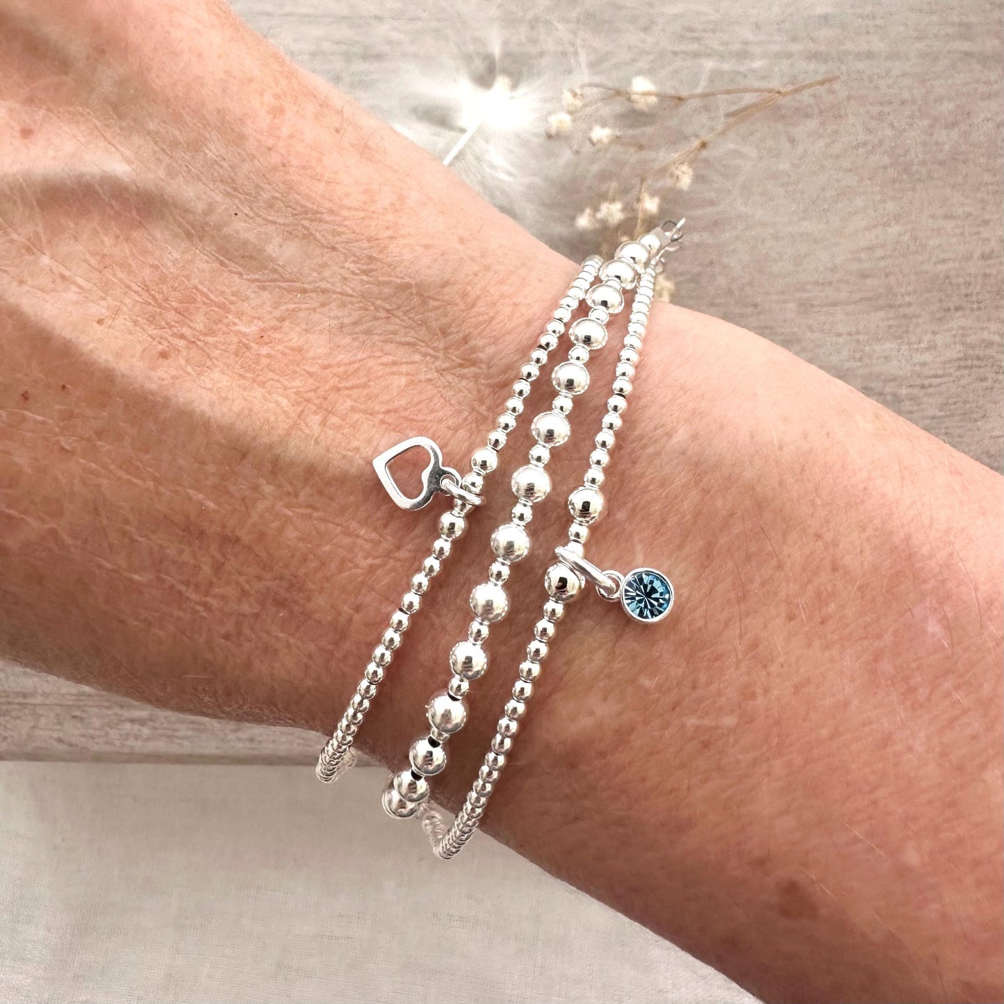 Crystal Birthstone Bracelet Set in Sterling Silver, Stacking Bracelet Set Birthday gift for women