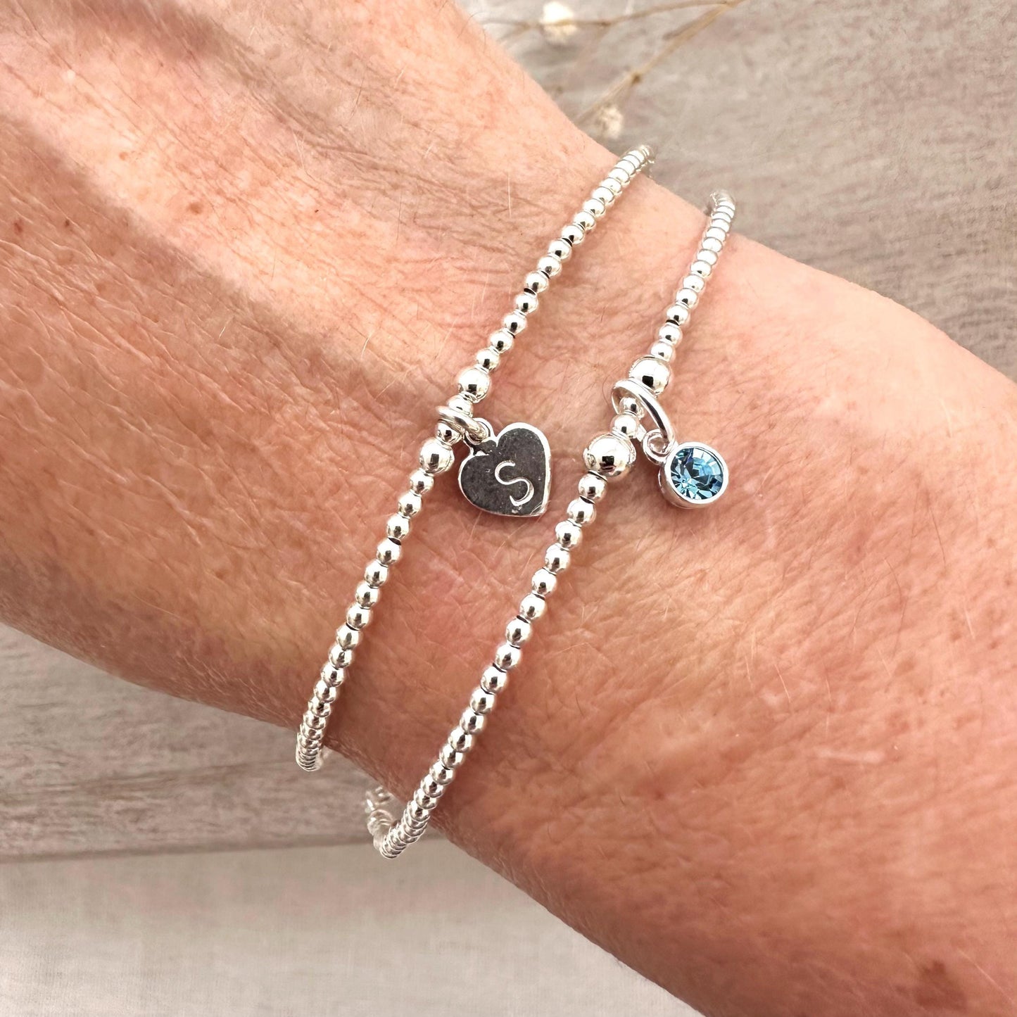 Sterling Silver Personalised Initial Bracelet Set, Crystal Birthstone Stacking Bracelet Set