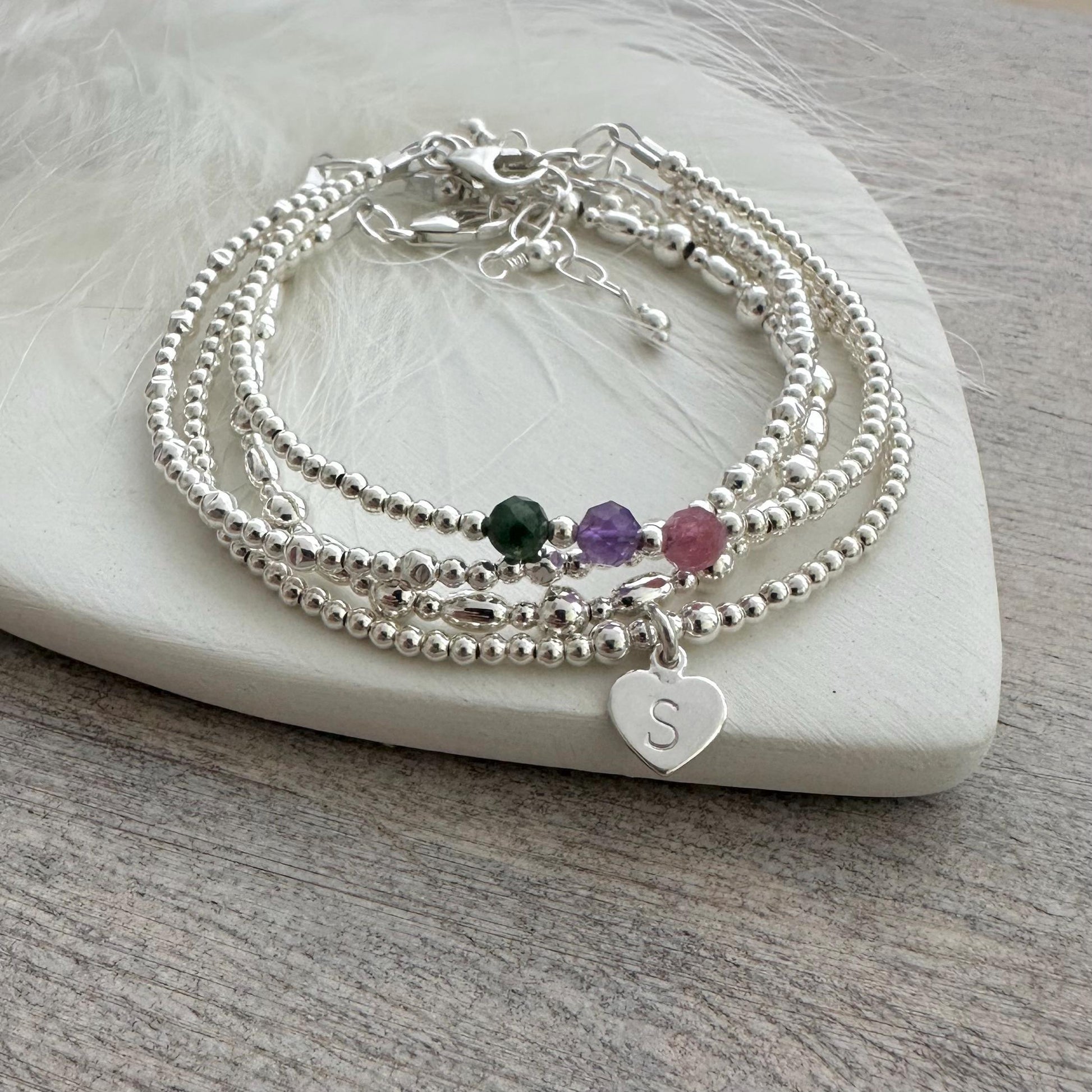 Set of Family Birthstone Stacking Bracelets, Initial Bracelet