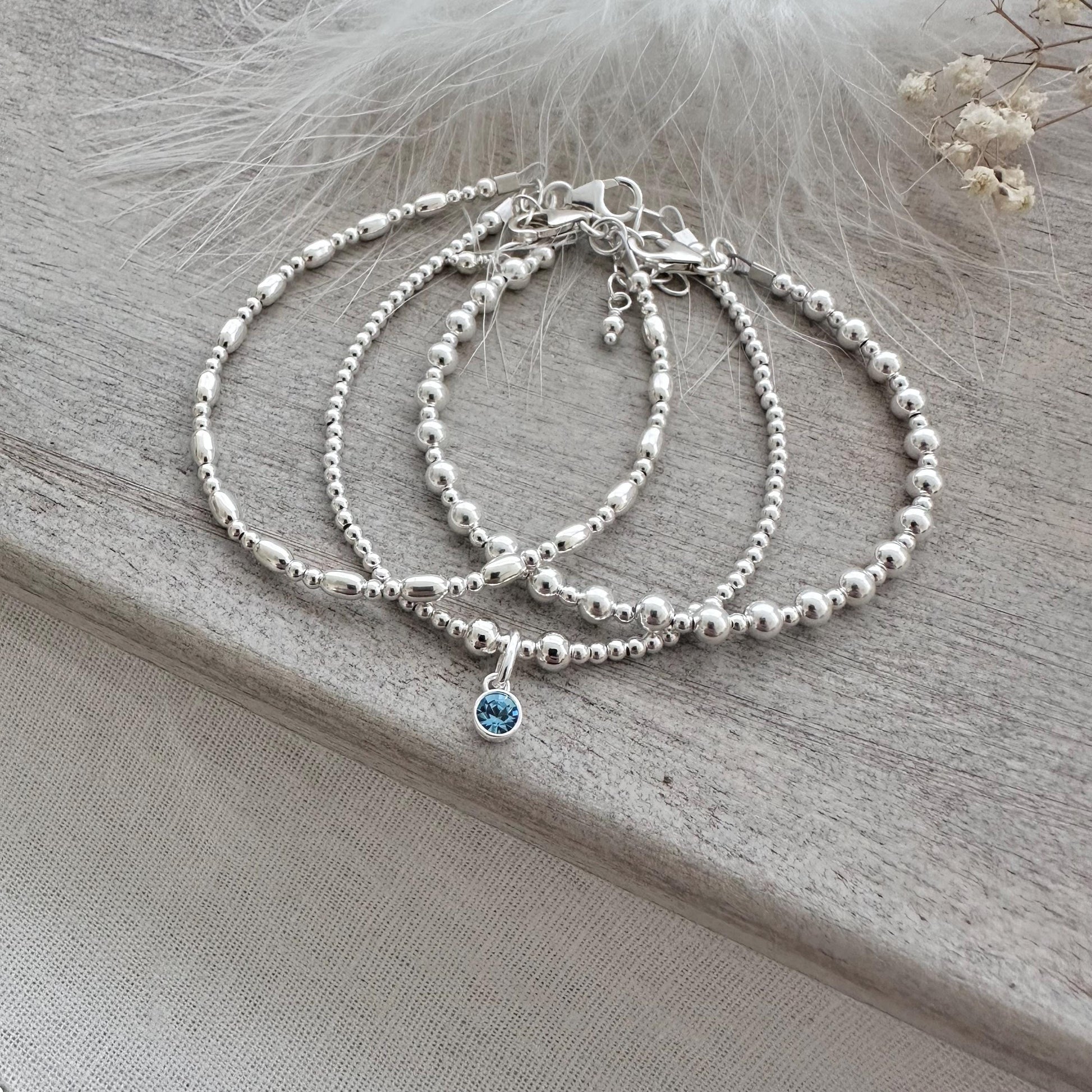 Layering Bracelet Set with birthstone, Sterling Silver Stacking Bracelet Set