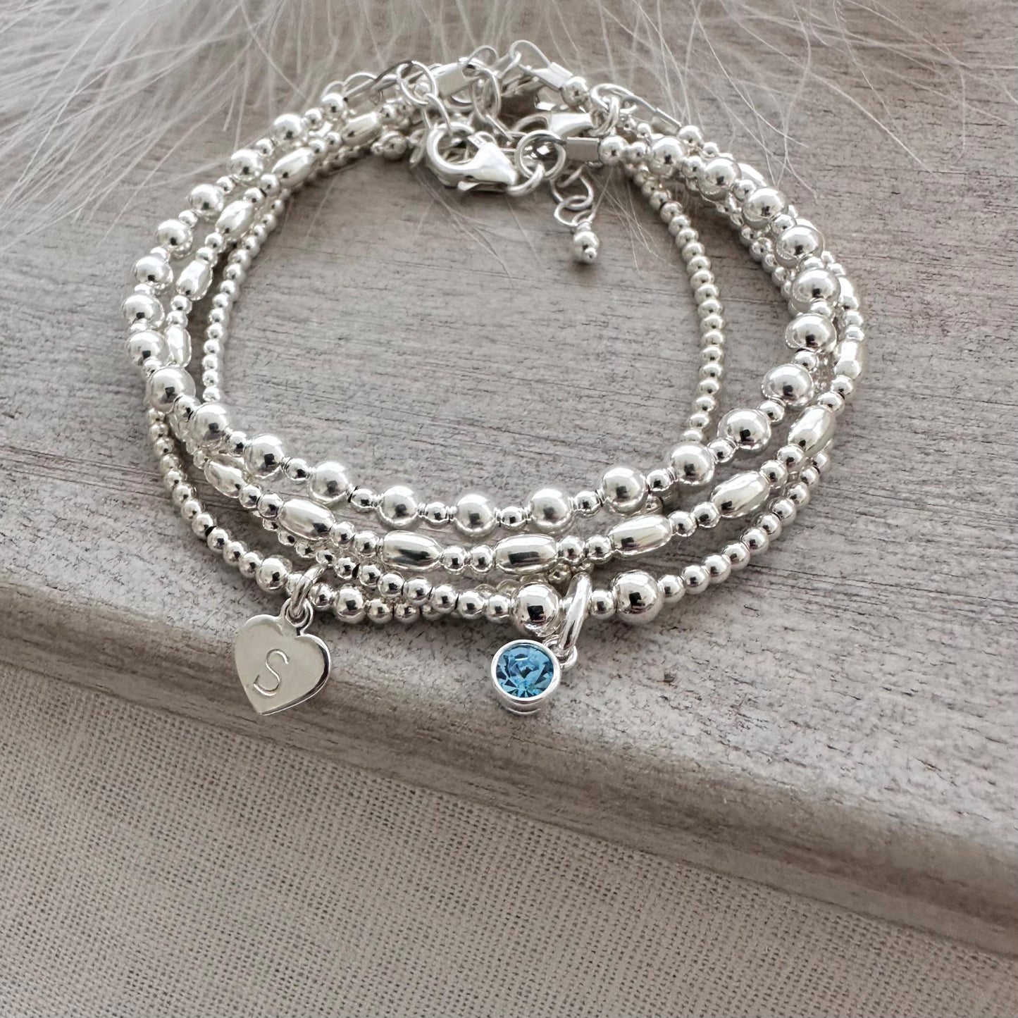 Layering Bracelet Set in sterling silver, Personalised birthstone initial jewellery