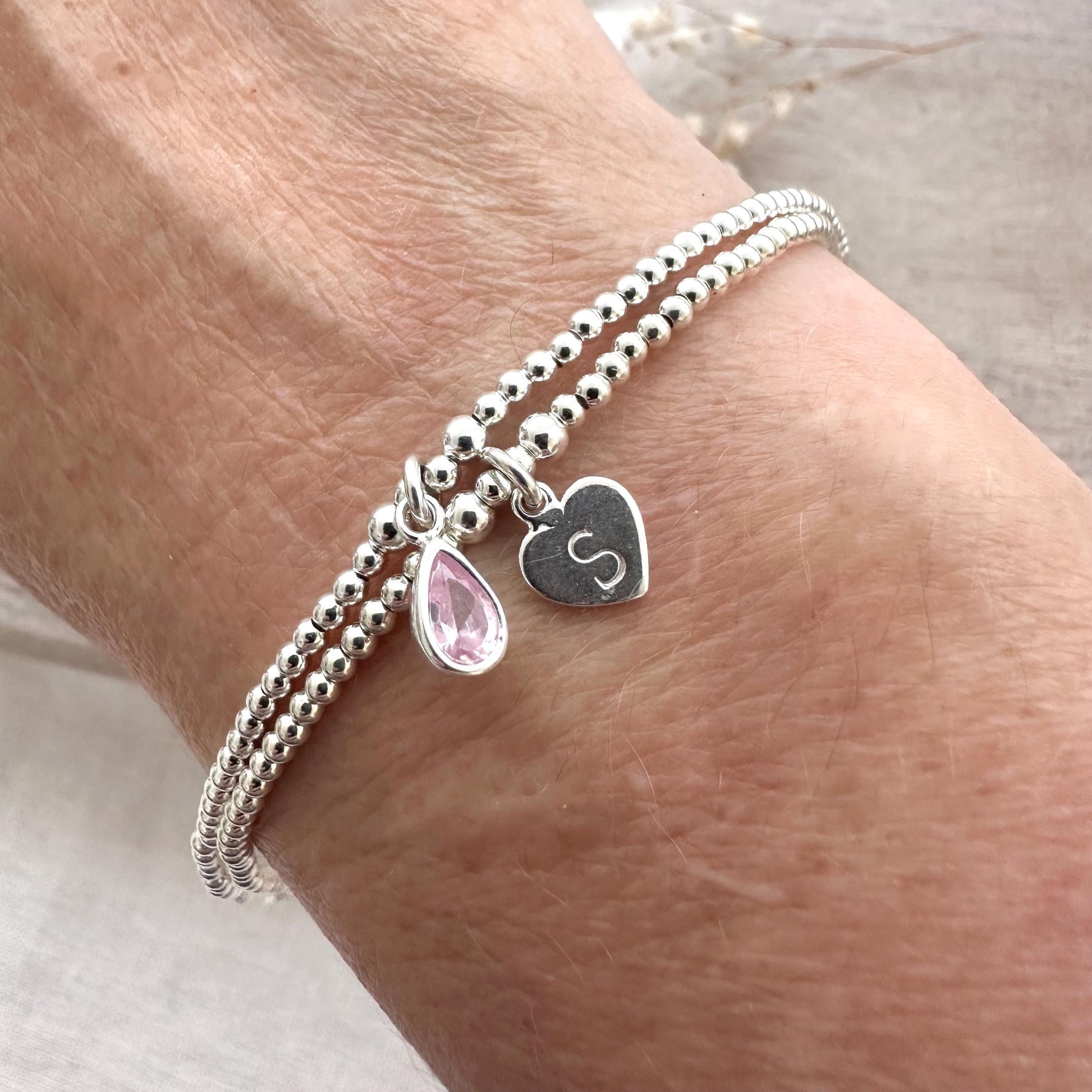 Personalised Initial and Birthstone Bracelet Set in Sterling Silver, Stacking Bracelets with birthstone