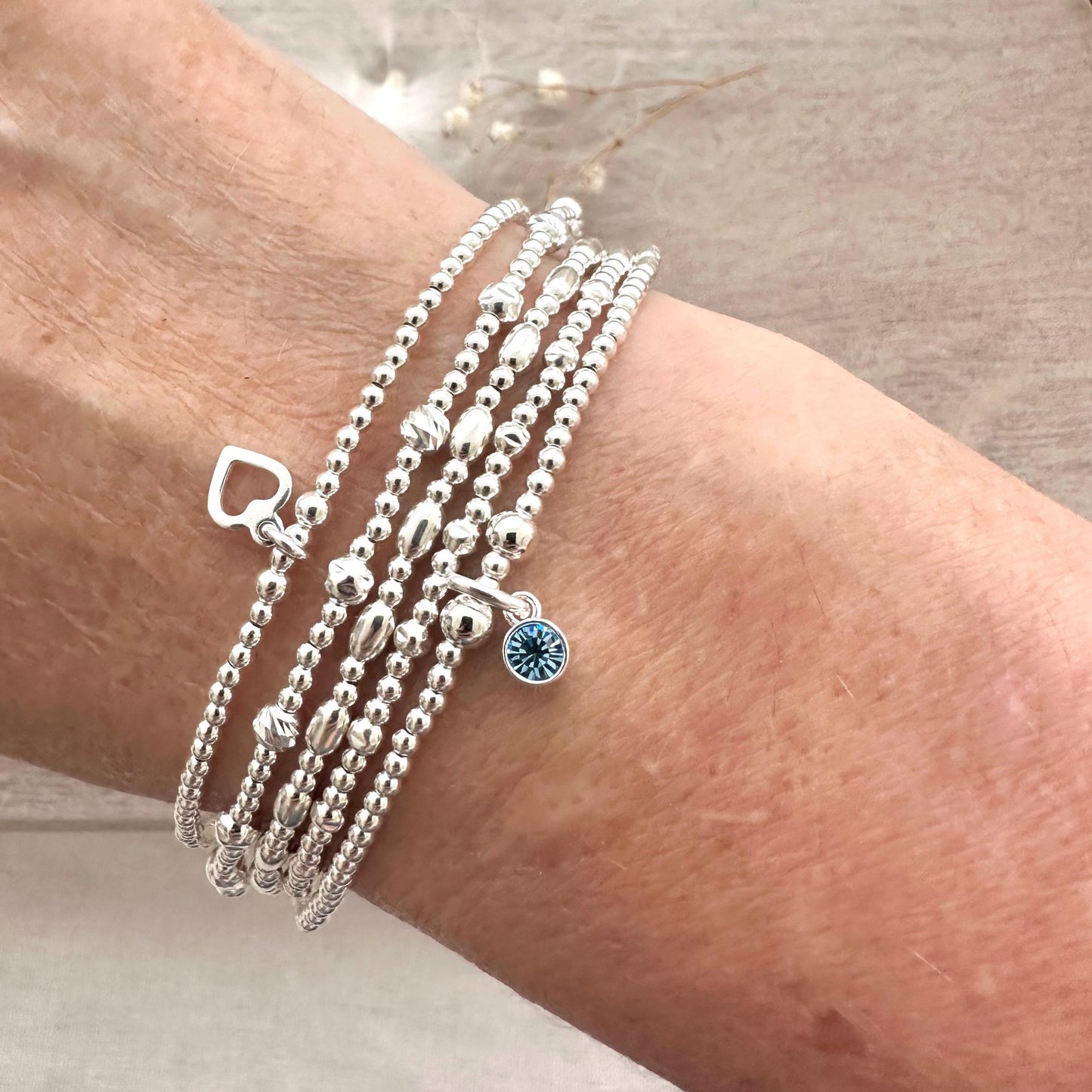 5 Bracelet Stack with Crystal Birthstone, Heart Bracelet Set in Sterling Silver