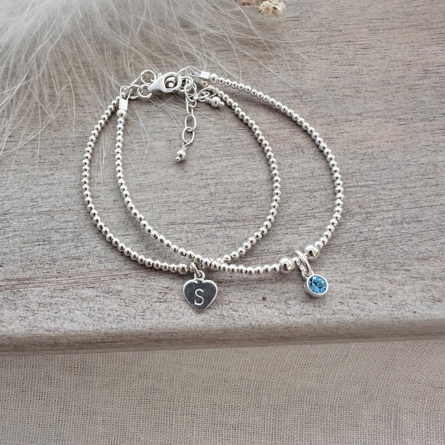 Sterling Silver Personalised Initial Bracelet Set, Crystal Birthstone Stacking Bracelet Set