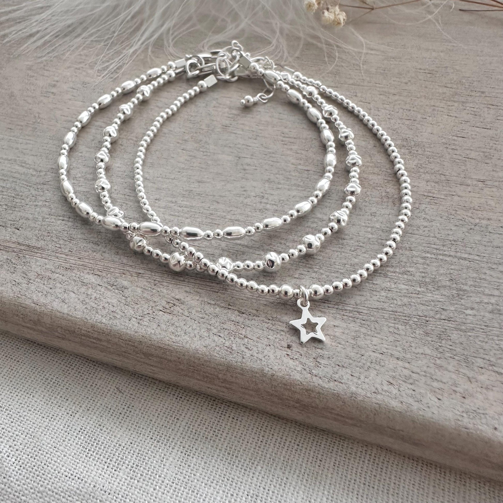 Set of 3 Sterling Silver Layering Bracelets, Star Charm Stacking Bracelet Set