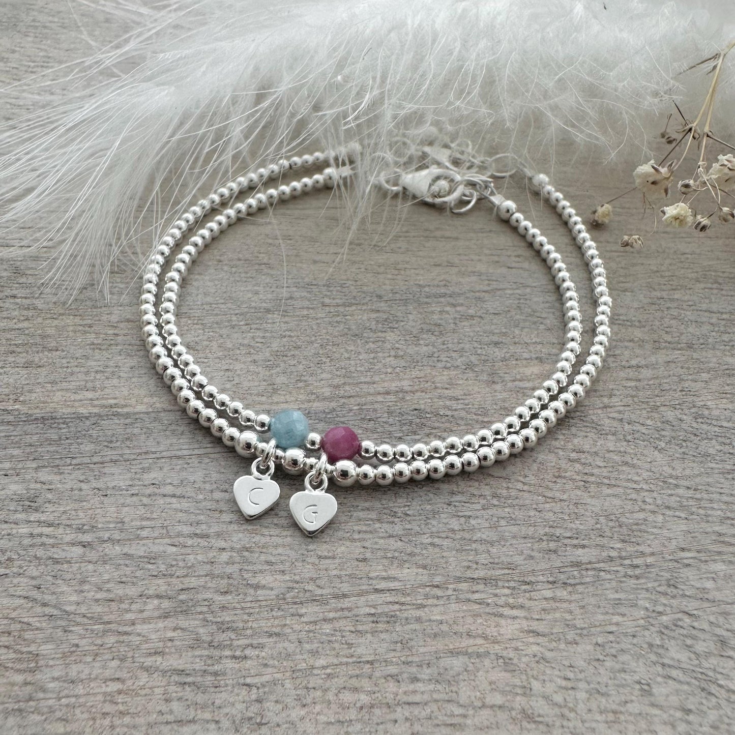 Family Birthstone & Initial Two Bracelet Set, Dainty Family Jewellery