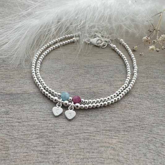 Family Birthstone & Initial Two Bracelet Set, Dainty Family Jewellery