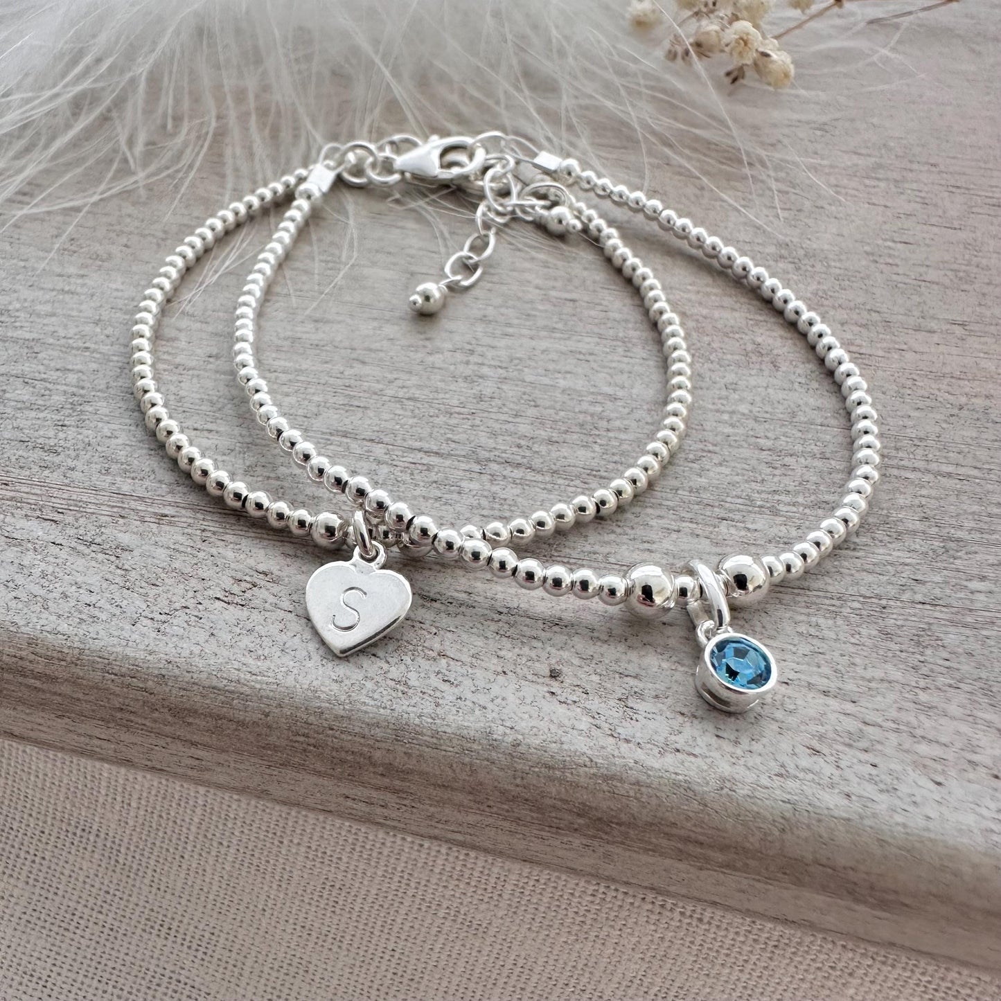 Sterling Silver Personalised Initial Bracelet Set, Crystal Birthstone Stacking Bracelet Set