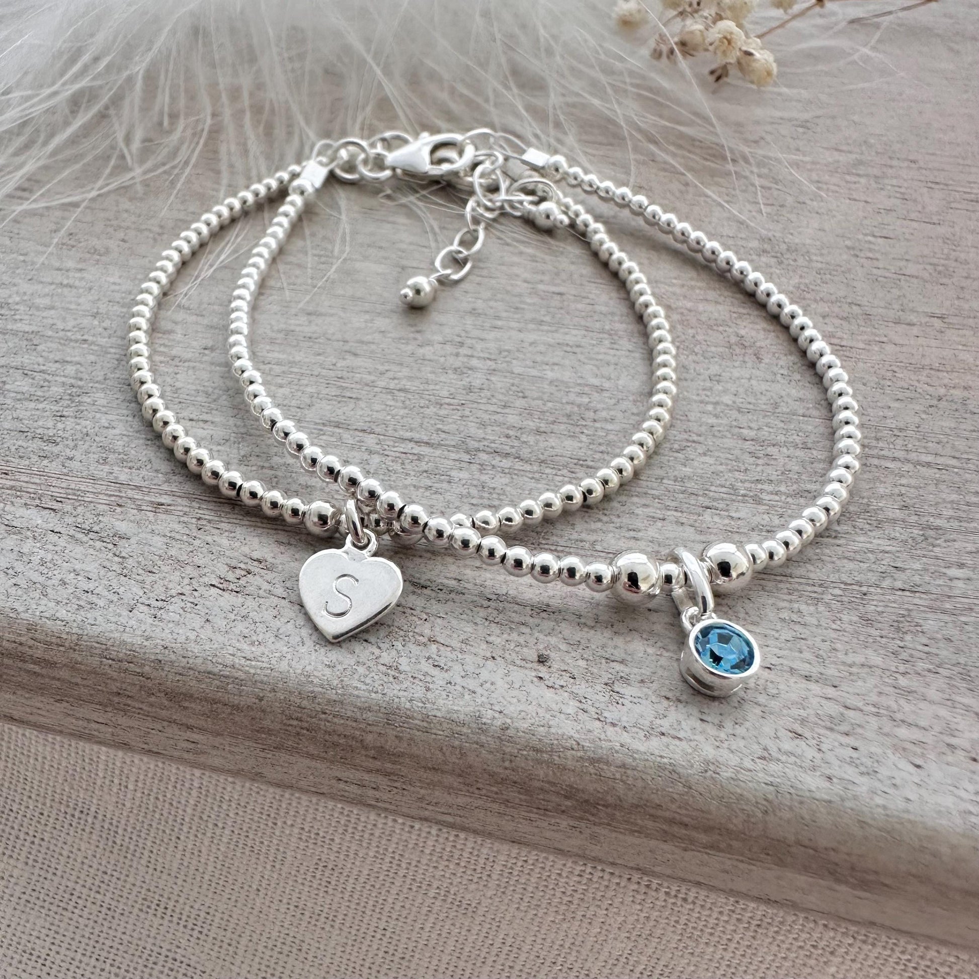 Sterling Silver Personalised Initial Bracelet Set, Crystal Birthstone Stacking Bracelet Set