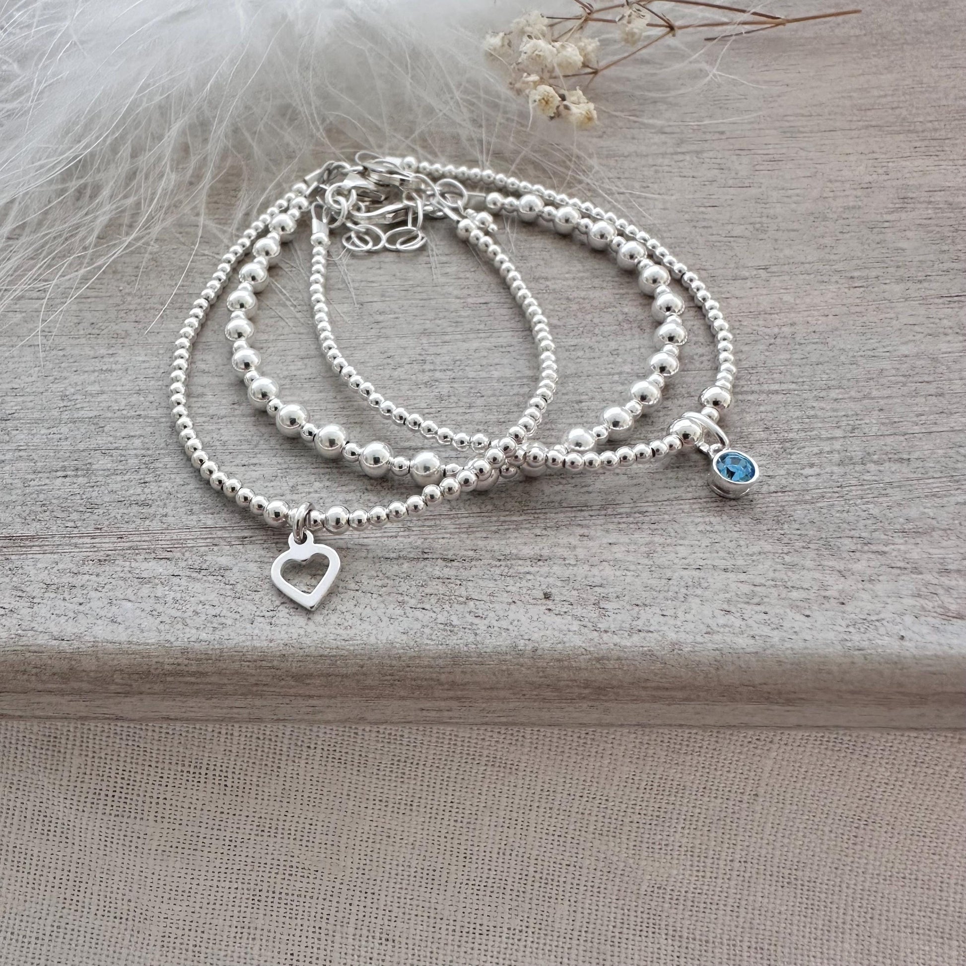 Crystal Birthstone Bracelet Set in Sterling Silver, Stacking Bracelet Set Birthday gift for women