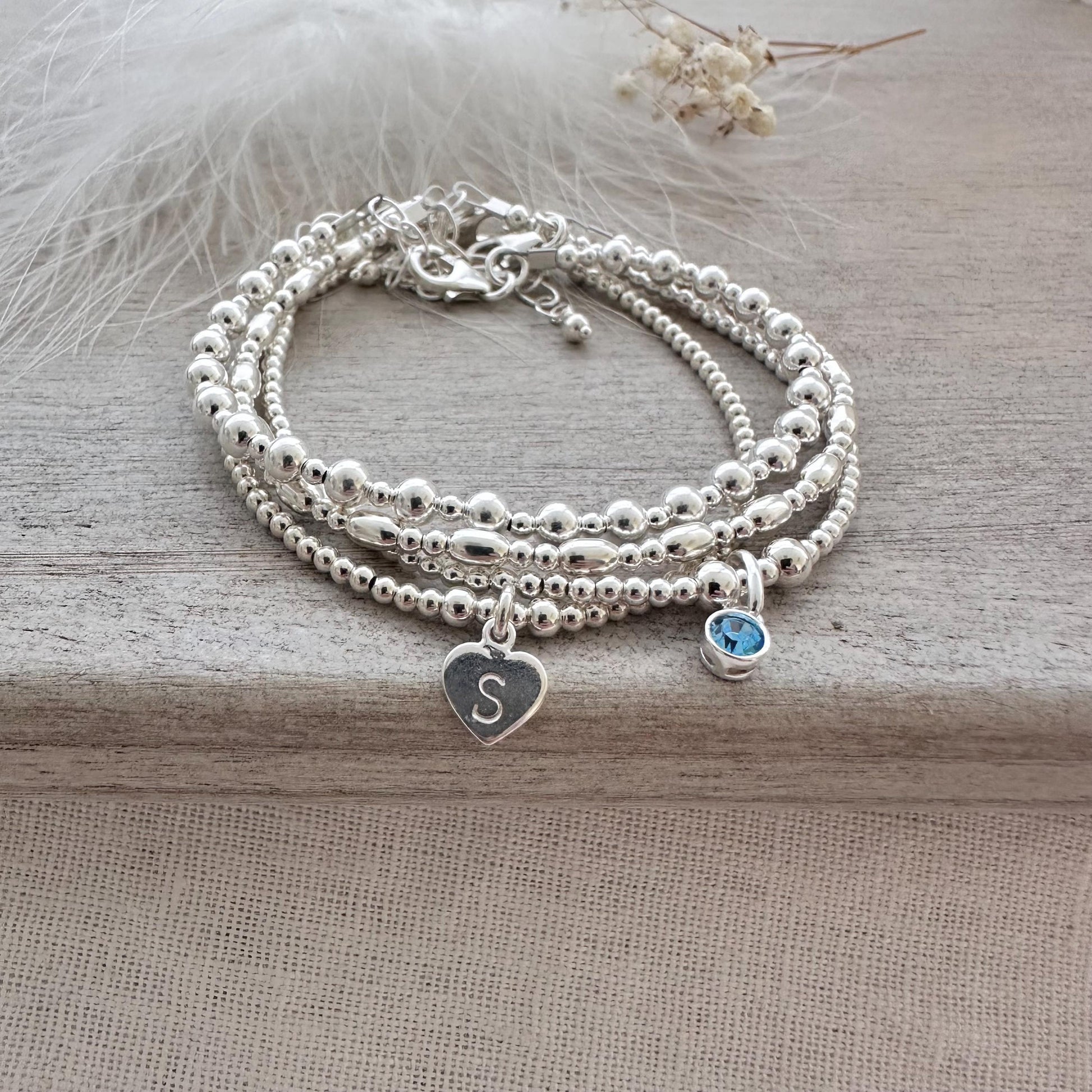 Layering Bracelet Set in sterling silver, Personalised birthstone initial jewellery