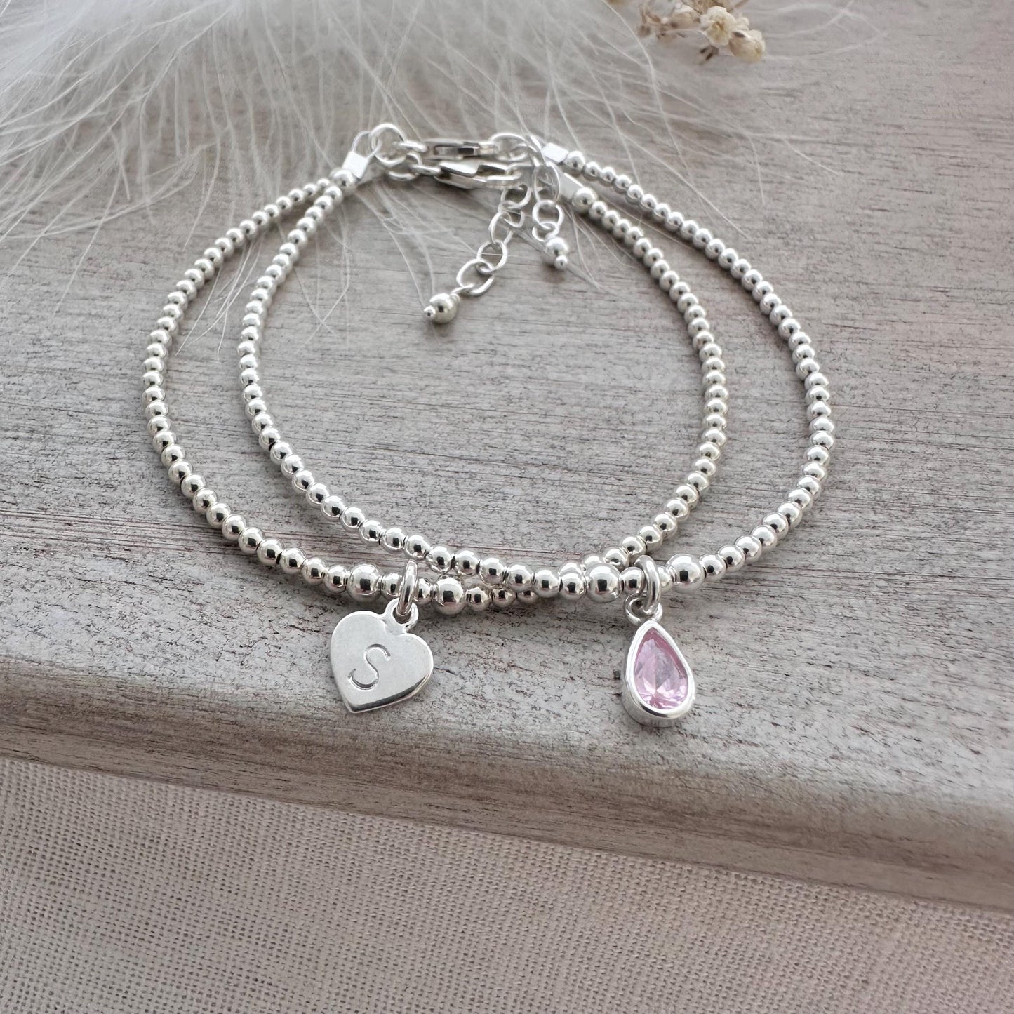 Personalised Initial and Birthstone Bracelet Set in Sterling Silver, Stacking Bracelets with birthstone